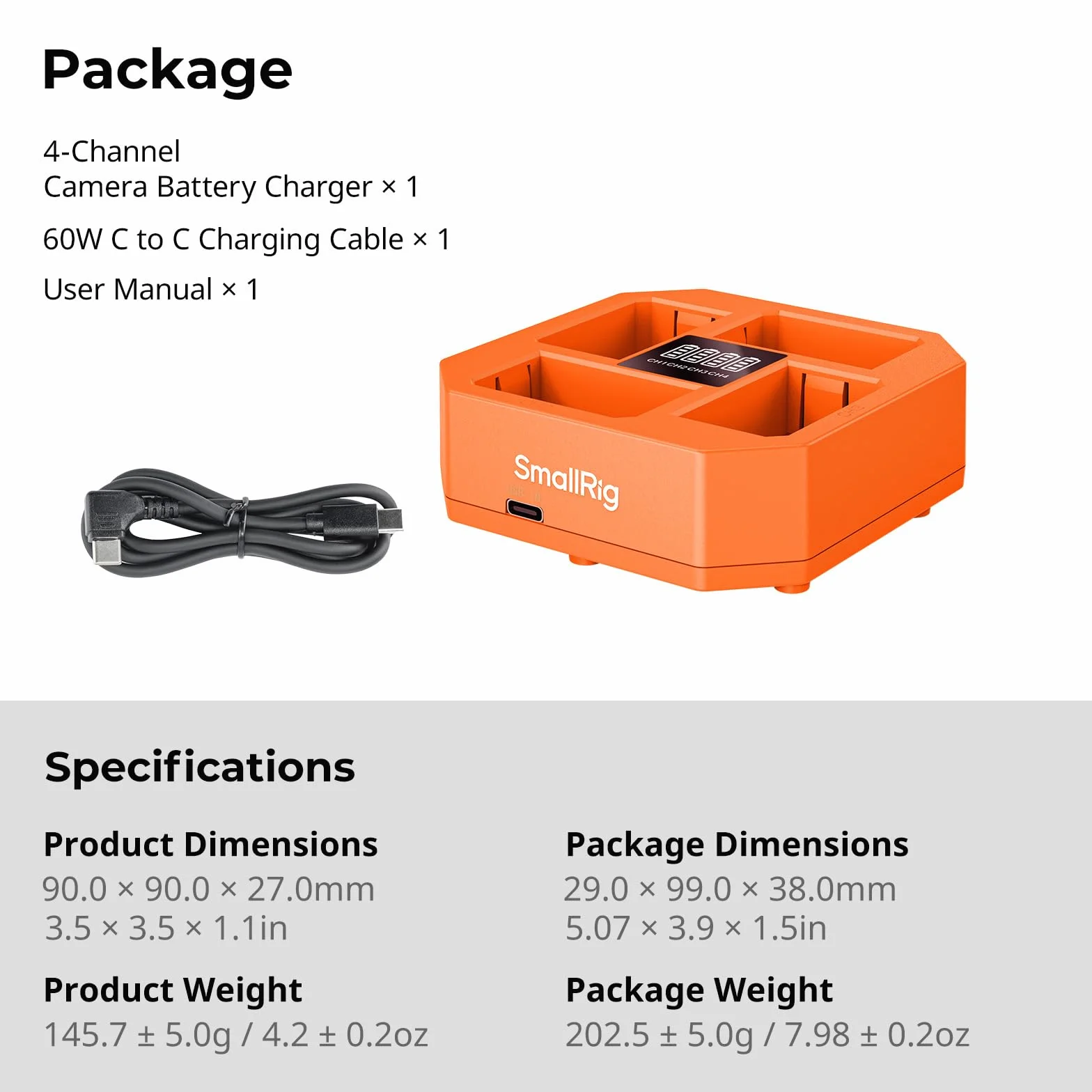 SMALLRIG Caricabatterie per Fotocamera a 4 Canali, con Ricarica Rapida da 60 W, Display LED, Caricabatteria Compatto per Fotocamera a 4 Canali Batteria per Sony NP-FZ100, Arancione - 4839