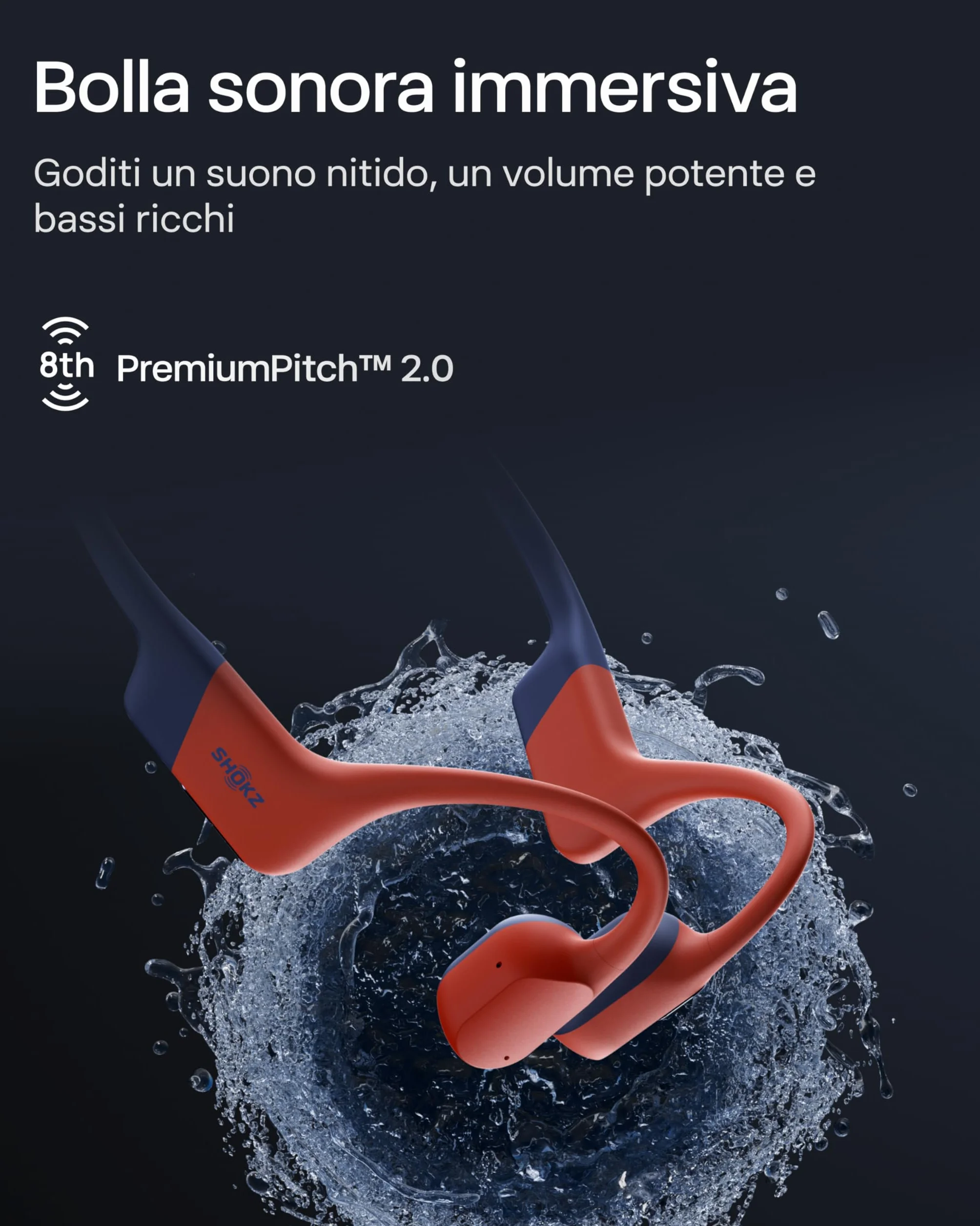 SHOKZ Cuffie sport a conduzione ossea OpenSwim Pro, auricolari wireless Open-Ear impermeabili IP68 con Bluetooth 5.4, 32 GB storage MP3, micr. con canc. rumore, 9 ore ripr. per corsa e nuoto, Rosso