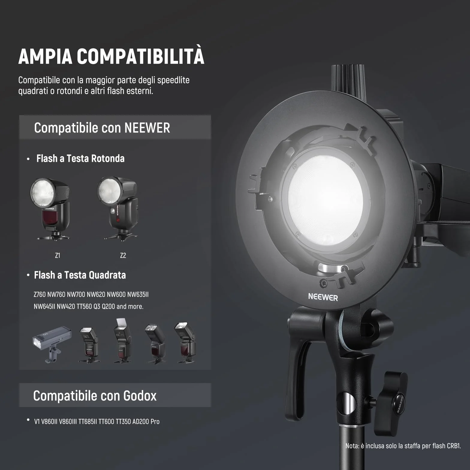 NEEWER CRB1 Supporto a Staffa Tipo S con Attacco Bowens e Foro per Ombrello per Flash Speedlite a Testa Quadrata/Rotonda Z2 Z1 Z760 NW760 NW700 TT560 Q3, Compatibile con Godox AD200Pro V1