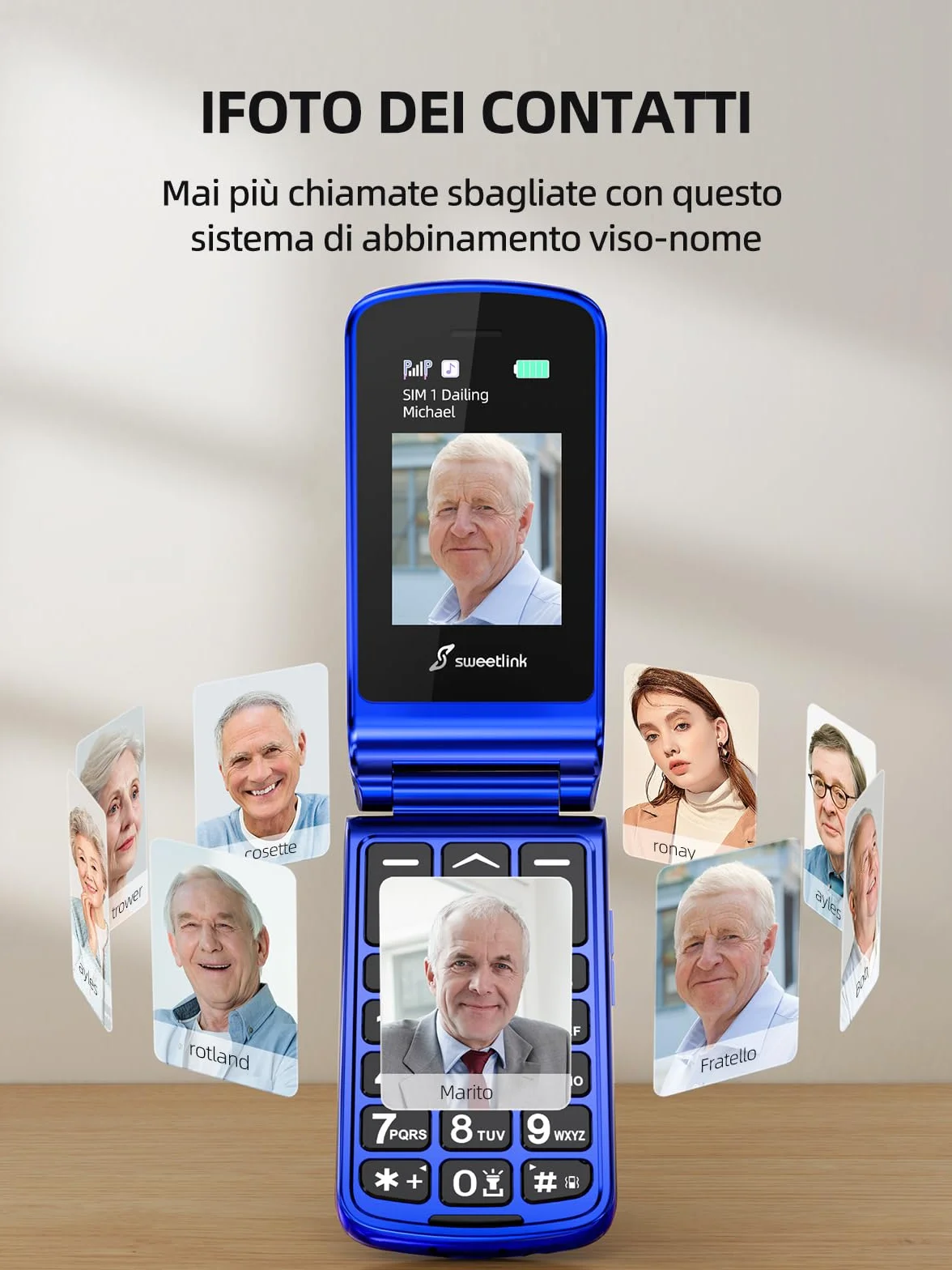 SweetLink F2 Plus Telefono Cellulare per Anziani, Flip Cellulare Anziani con Tasti Grandi, Contatti con Immagini, Base di Ricarica, Volume Alto, Funzione SOS, Doppia SIM,Pantalla 2.4", Blu