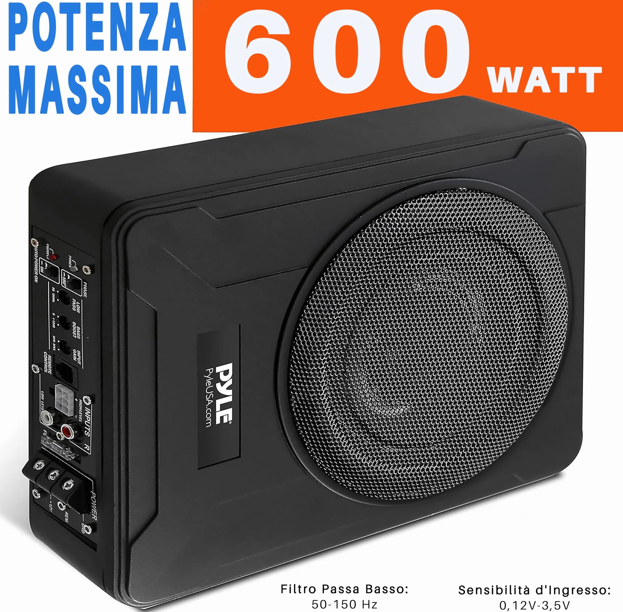 Pyle Subwoofer Amplificato da 20 Centimetri per Casse Auto, 600 Watt, Compatto e Attivo, Sottosella con Amplificatore Integrato, Nero