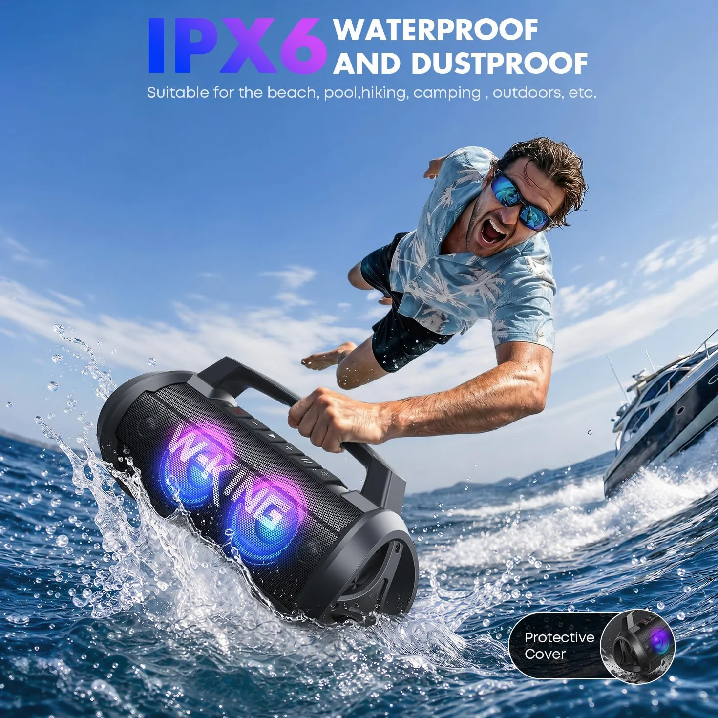 W-KING Cassa Bluetooth Portatile, 120W Peak Altoparlante Bluetooth Loud Subwoofer Suono Stereo con Luce LED, IPX6, DSP, 42H, MIC in, Banca di Potenza, Wireless Cassa per Esterno, Feste, Spiaggia,Regal