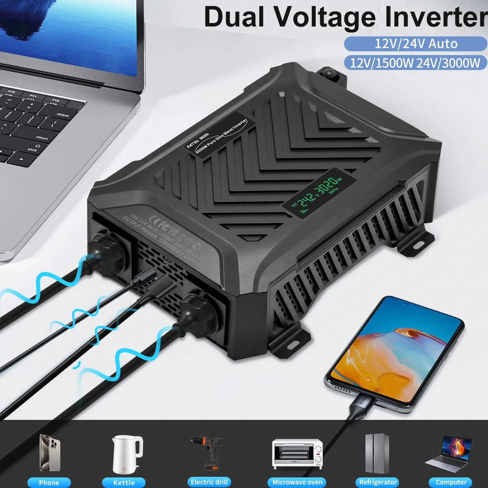 DATOUBOSS Inverter Onda Sinusoidale Pura 12V/24V a 220V Convertitore Universale Onda Pura 3000W con sistema di rilevamento intelligente, con LCD Display, interfaccia USB, Type-C e 2 presa UE
