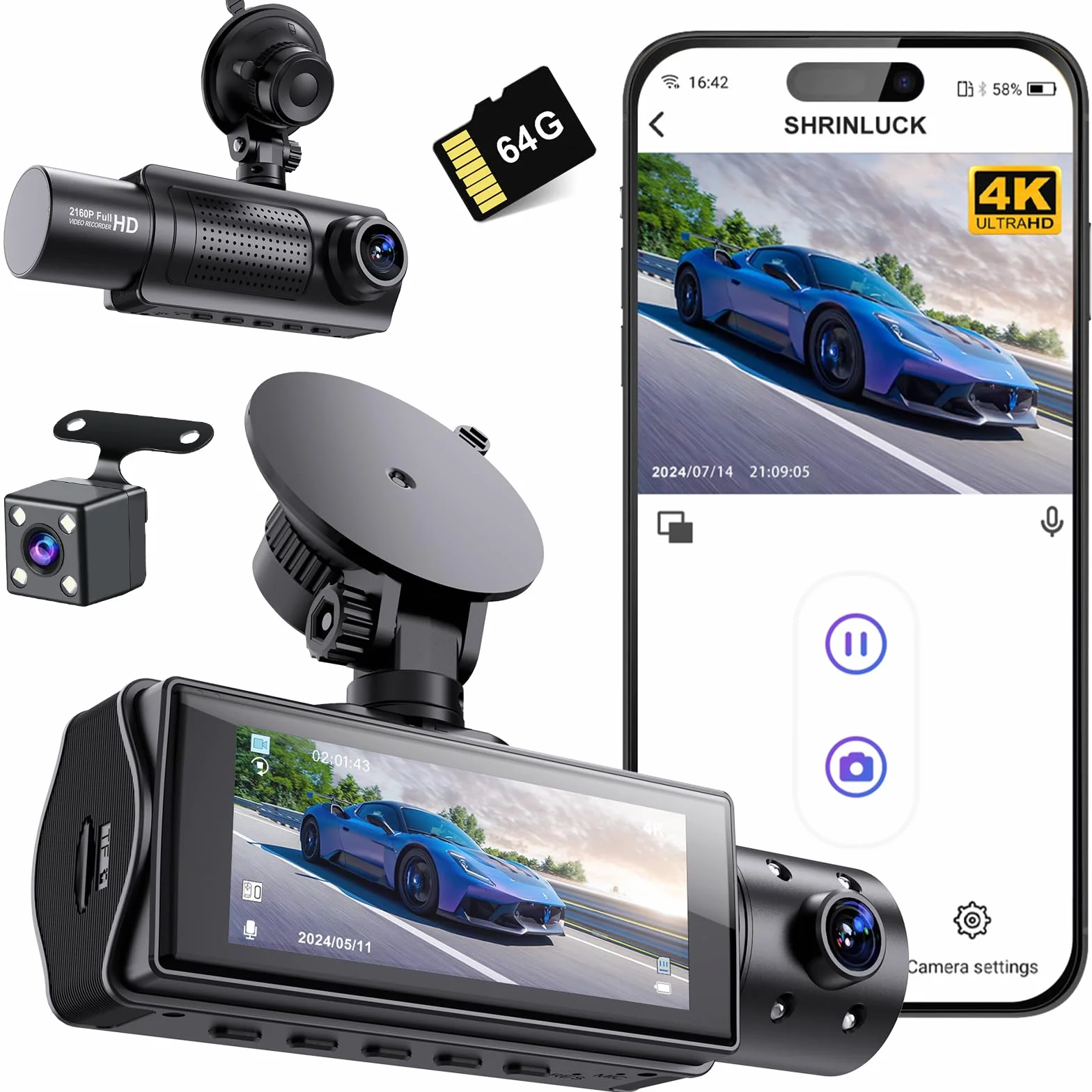 X5 4K WiFi 3-Canali Dash Cam Auto, 2160P+1080P+1080P FHD Tripla Dashcam Auto, Telecamera Auto 360° su tutti i lati, Scheda SD 64G Gratuita,G-Sensor,WDR,Visione Notturna,Monitor di Parcheggio