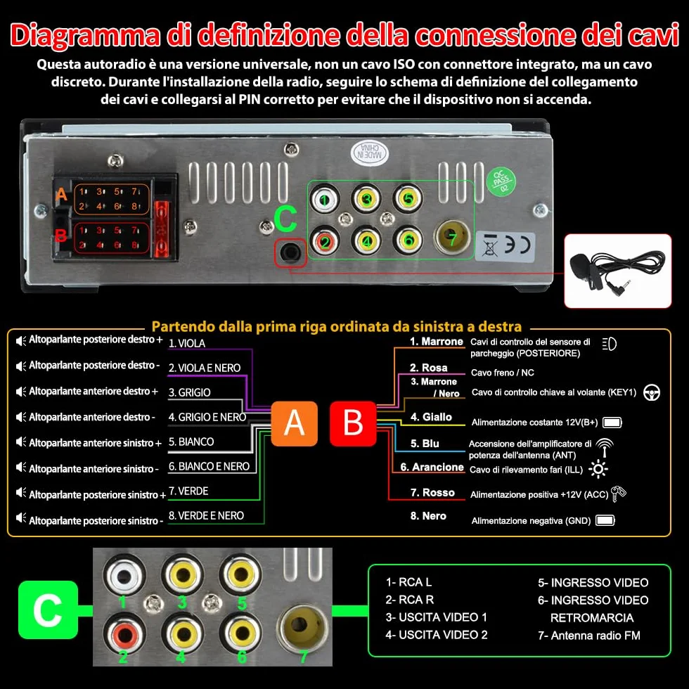 Autoradio 1 DIN con schermo Wireless CarPlay e Android Auto FM Bluetooth AUX Tipo-C Telecamera posteriore