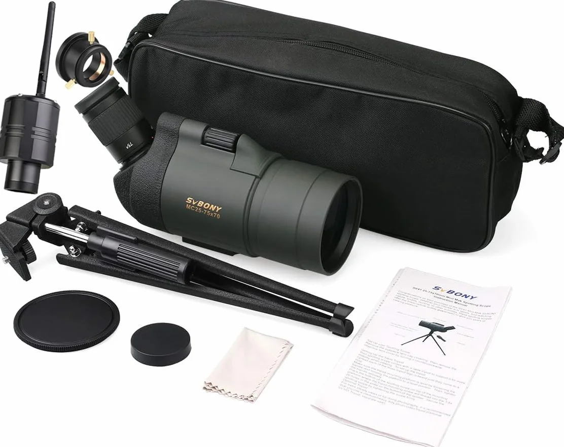 Svbony SV41 Mak Cannocchiale con telecamera WiFi e adattatore M48 a M42, 25-75 x 70 Mak Telescope, BAK4 Prism FMC Optics impermeabile con treppiede per birdwatching, tiratori sportivi Wildlife Scenery