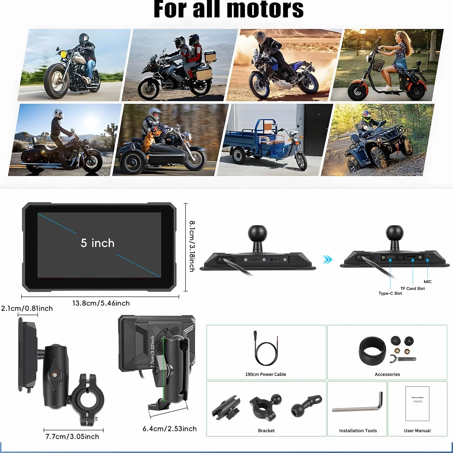 [2026 NOVITÀ] CAMECHO 5 pollici Touchscreen Wireless Carplay Moto con rilevamento della pressione dei pneumatici, GPS Moto Auto con CarPlay wireless Android Auto Bluetooth IP67 impermeabile 12V