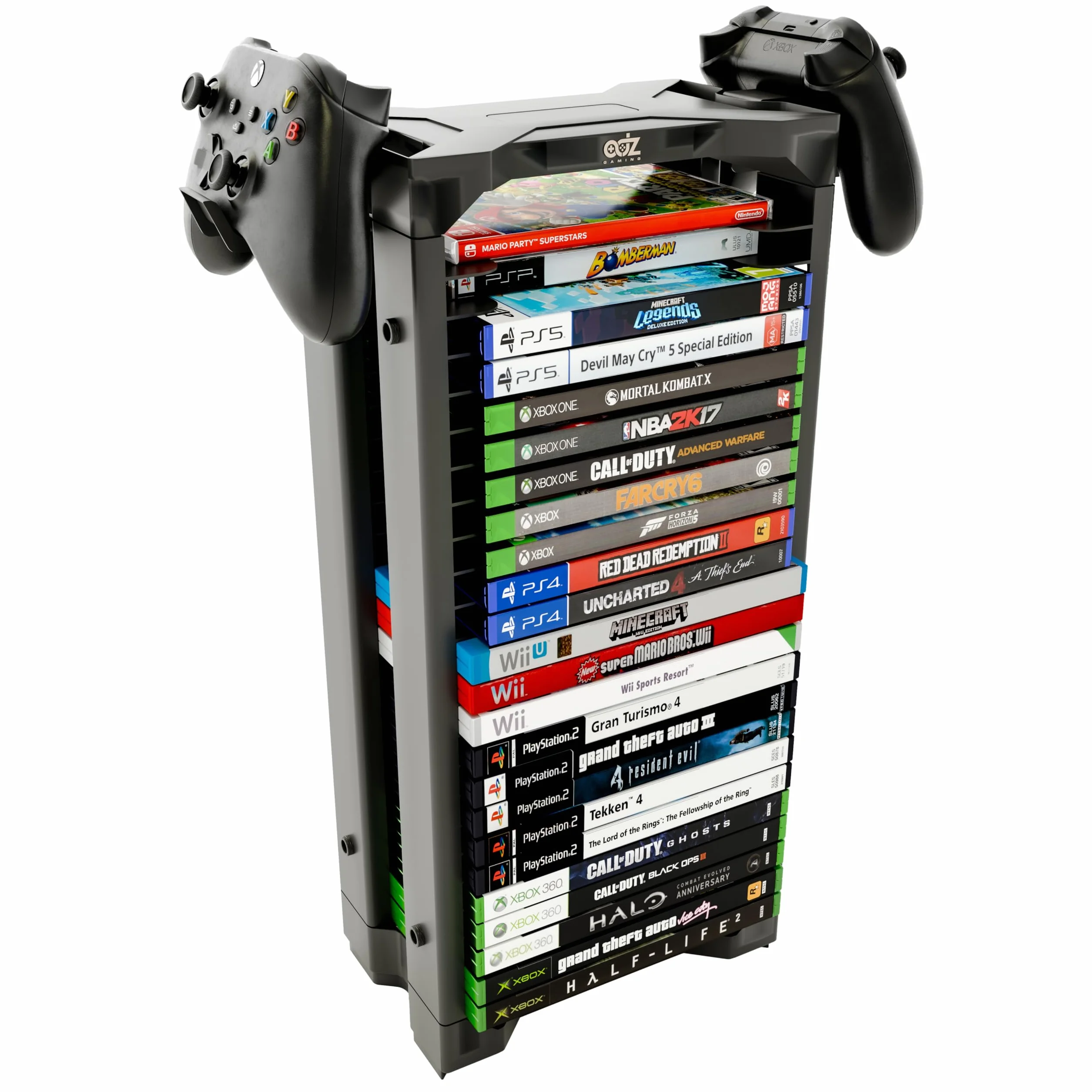 ADZ Universal Game Holder – 23 Ripiani per Archiviazione Giochi per PS2 PS3 PS4 PS5 PSP Xbox 360 Xbox One Series X Wii Switch Giochi DVD e Dischi Blu-Ray. Include 2 Supporti per Controller