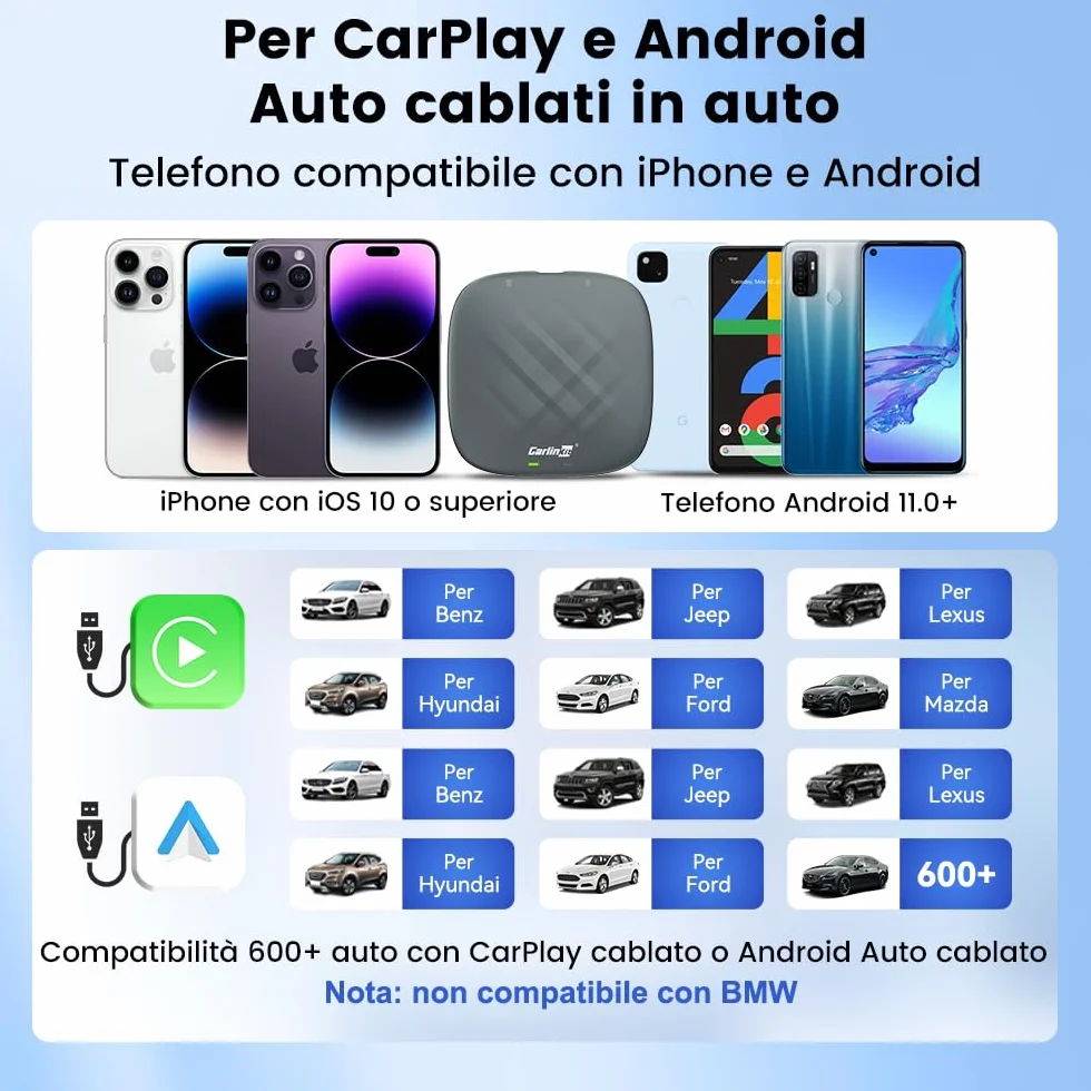 CarlinKit Multimedia 3 in1 AIBox Android 13.0 System Wireless CarPlay Adapter, per auto con cablato CarPlay/Android Auto, supporta Netflix YouTube ect