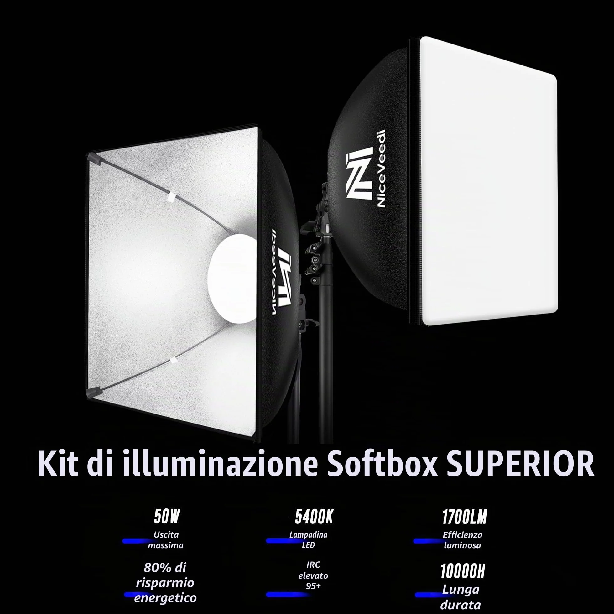 Softbox, Kit Softbox LED da 50 W, Luce Fotografica 40x40 cm con Lampadine 5500K e 150 cm Treppiede, Illuminazione Continua per Fotografia/Registrazione Video/Streaming Live (2 confezione)