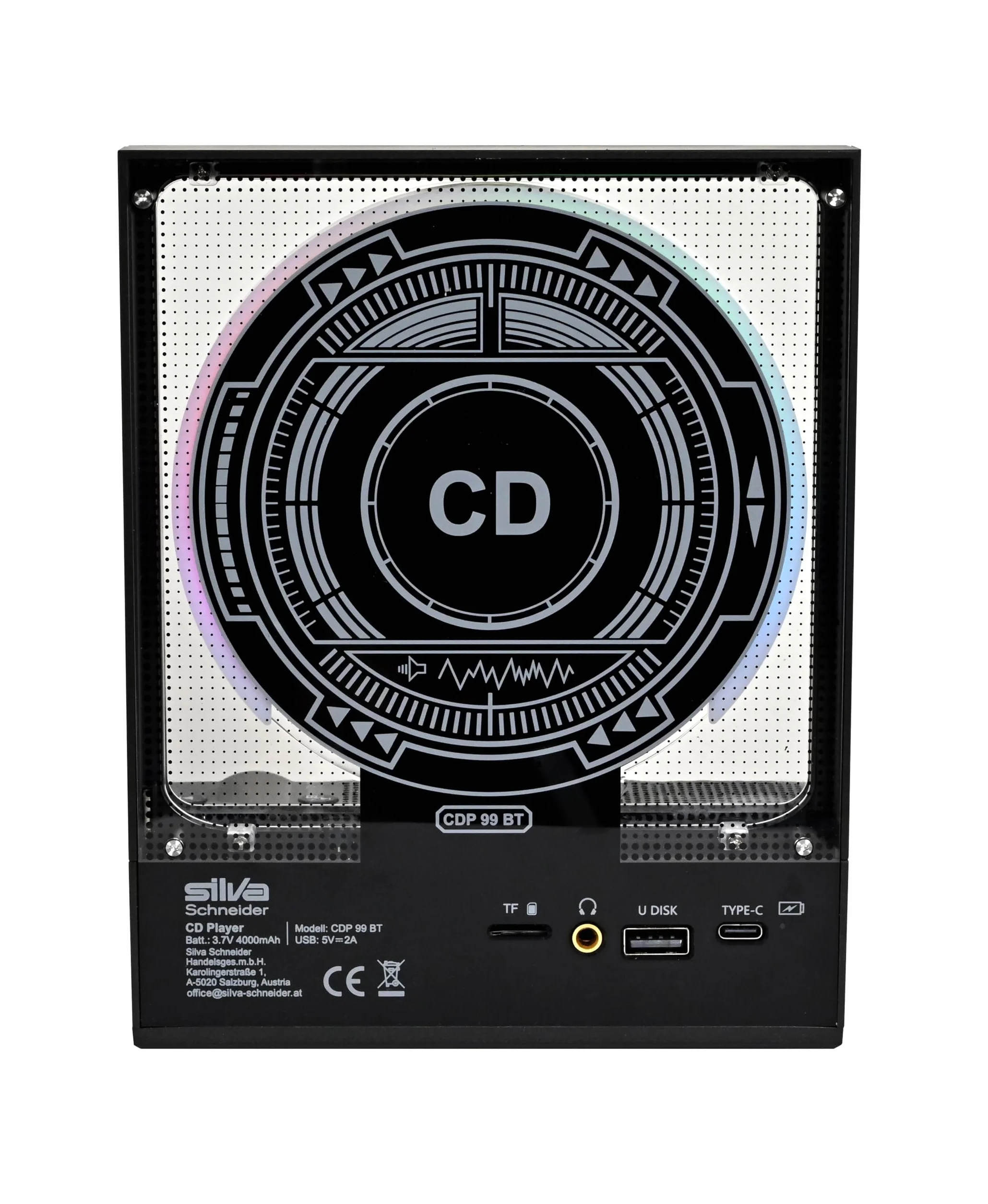 Silva Schneider CDP 99 BT | Lettore CD con funzione MP3, trasmettitore e ricevitore Bluetooth 5.3, display a LED, batteria da 4000 mAh, telecomando, anti-shock, USB-C, scheda SD, portatile, 50 W