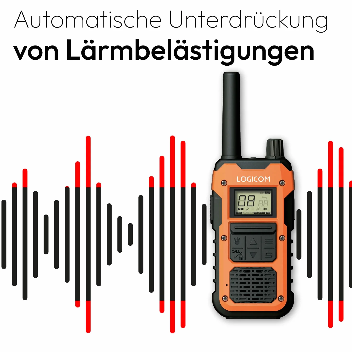 Logicom Extreme - Walkie-Talkie - PMR446 - Portata 10 km - Autonomia 36h - IP67-16 canali - Schermo LCD - USB-C Torcia - VOX Vivavoce - Audio Jack - Batteria 2000 mAh - Confezione da 2 radio