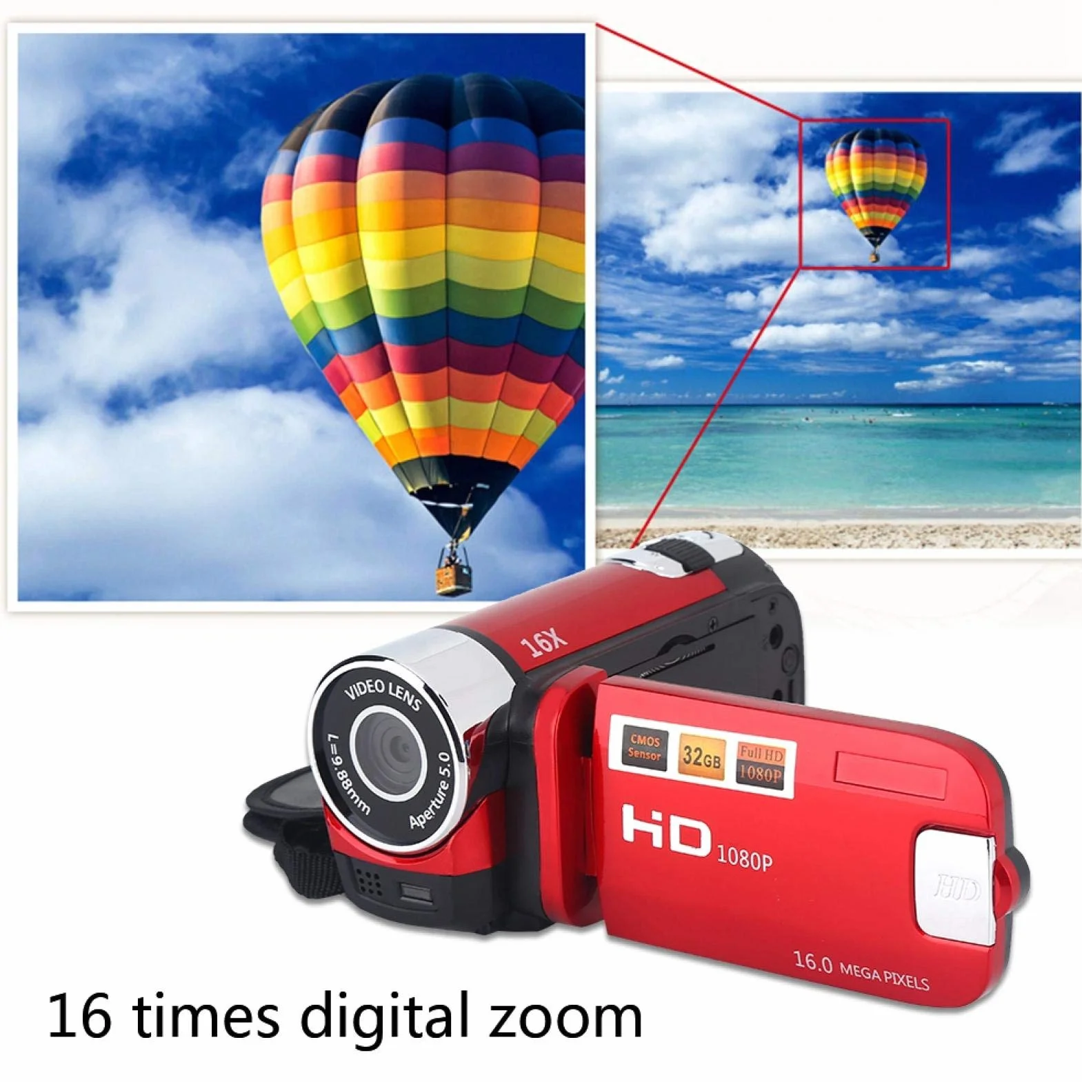 Diyeeni Videocamera portatile 1080P FHD 16x zoom digitale, fotocamera digitale DV Trabar con sensore COMS, altoparlante incorporato, schermo rotante 270 °, videocamera(Red)