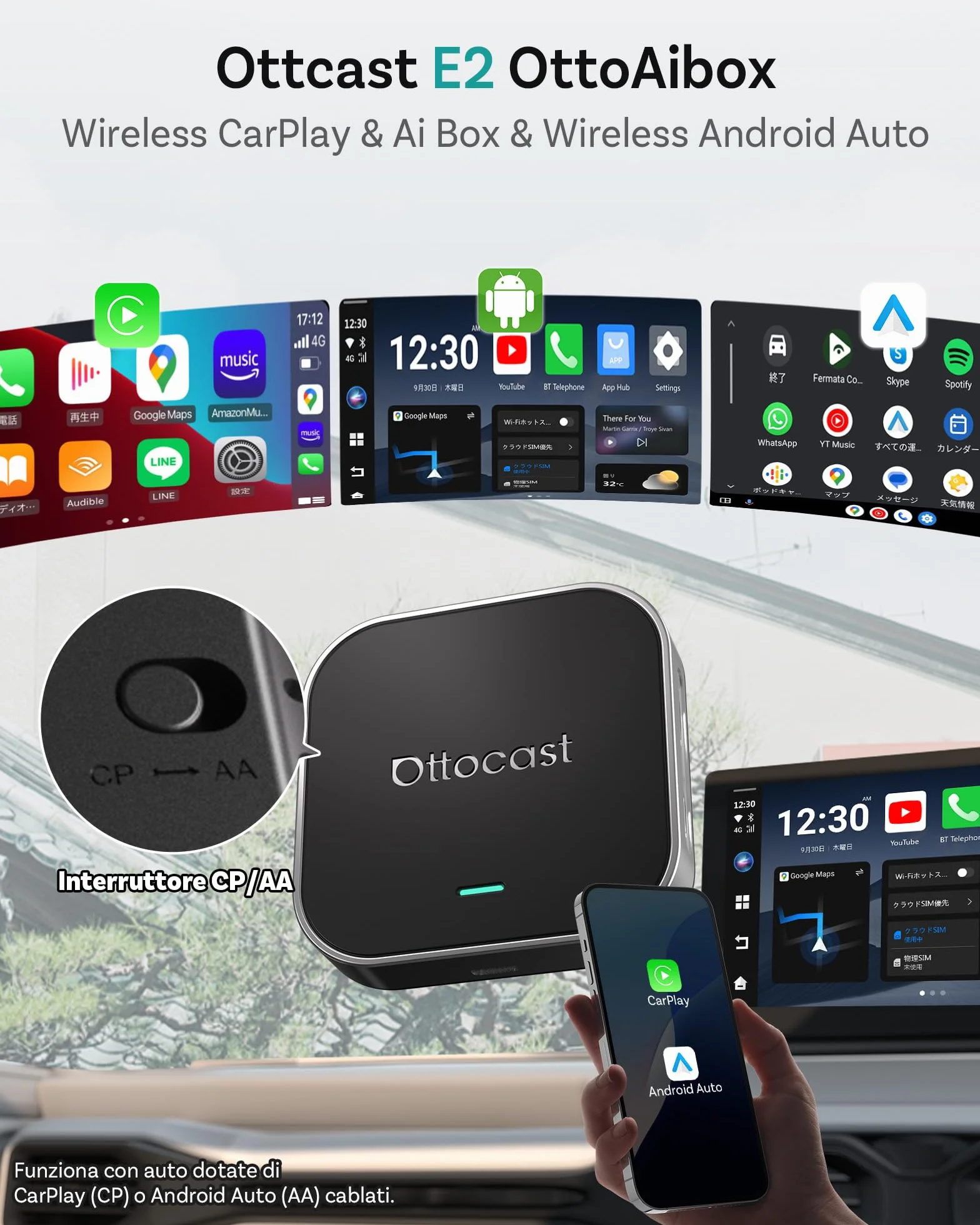 OTTOCAST OttoAibox E2 2026 AI Box, 3-in-1 CarPlay e Android Auto Wireless Android 13 Streaming Box, Adattatore CarPlay Wireless Dual WiFi, Schermo Diviso, Bluetooth 5.0, Aggiornamento FOTA