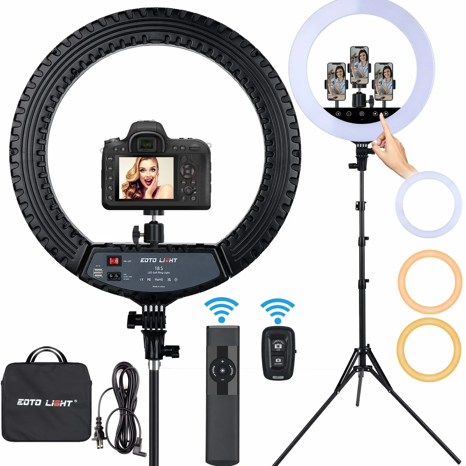 EOTO LIGHT Luce ad anello a LED da 18 pollici con treppiede per selfie e video Vlog CRI>90