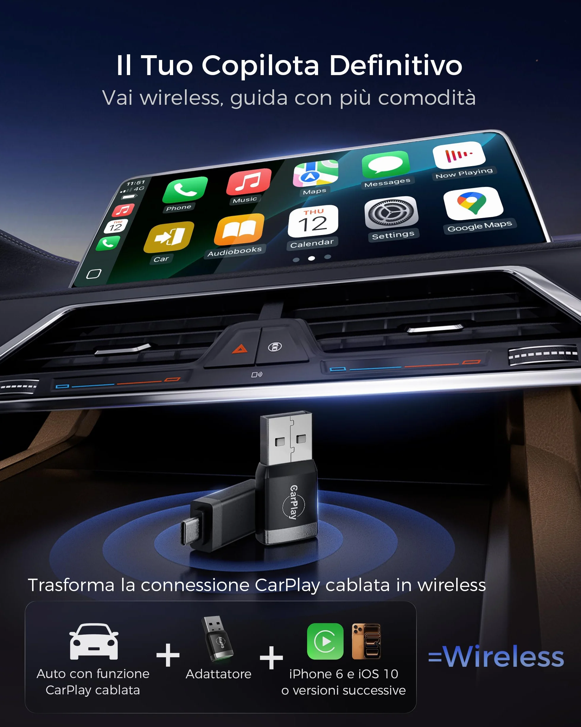 Mini Adattatore CarPlay Wireless Bluetooth V5.3 Wi-Fi 6 Doppia Banda USB C/A per Apple iPhone iOS 10+