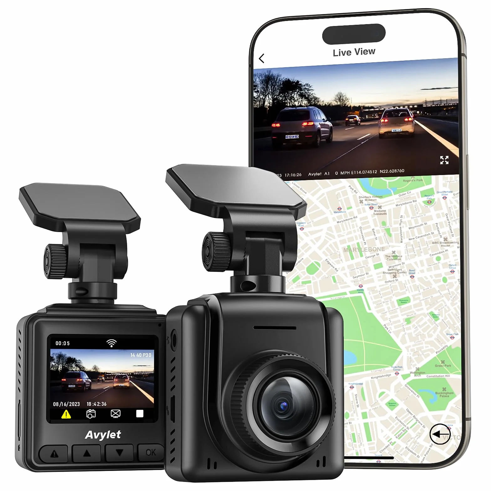 Avylet 2K Dash Cam Auto Wi-Fi, 1440P Mini Dashcam IPS 1.5'', Telecamera per Auto con APP, GPS Esterno, WDR Visione Notturna,Grandangolo 170°, 24H Monitor di Parcheggio, G-Sensor, Registrazione in Loop
