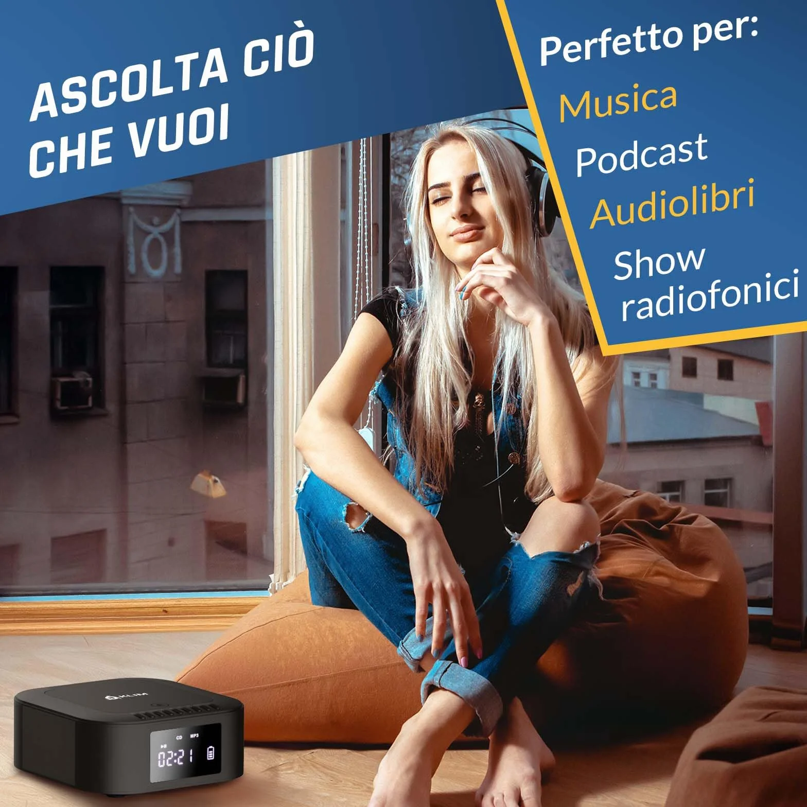 KLIM Lettore CD Stereo Boombox E1 - BASS Boost con Subwoofer - FM Radio con Lettore CD e USB, Bluetooth, AUX - Stereo casa - Filo o Wireless - Batteria ricaricabile, Telecomando - Nero/Argento