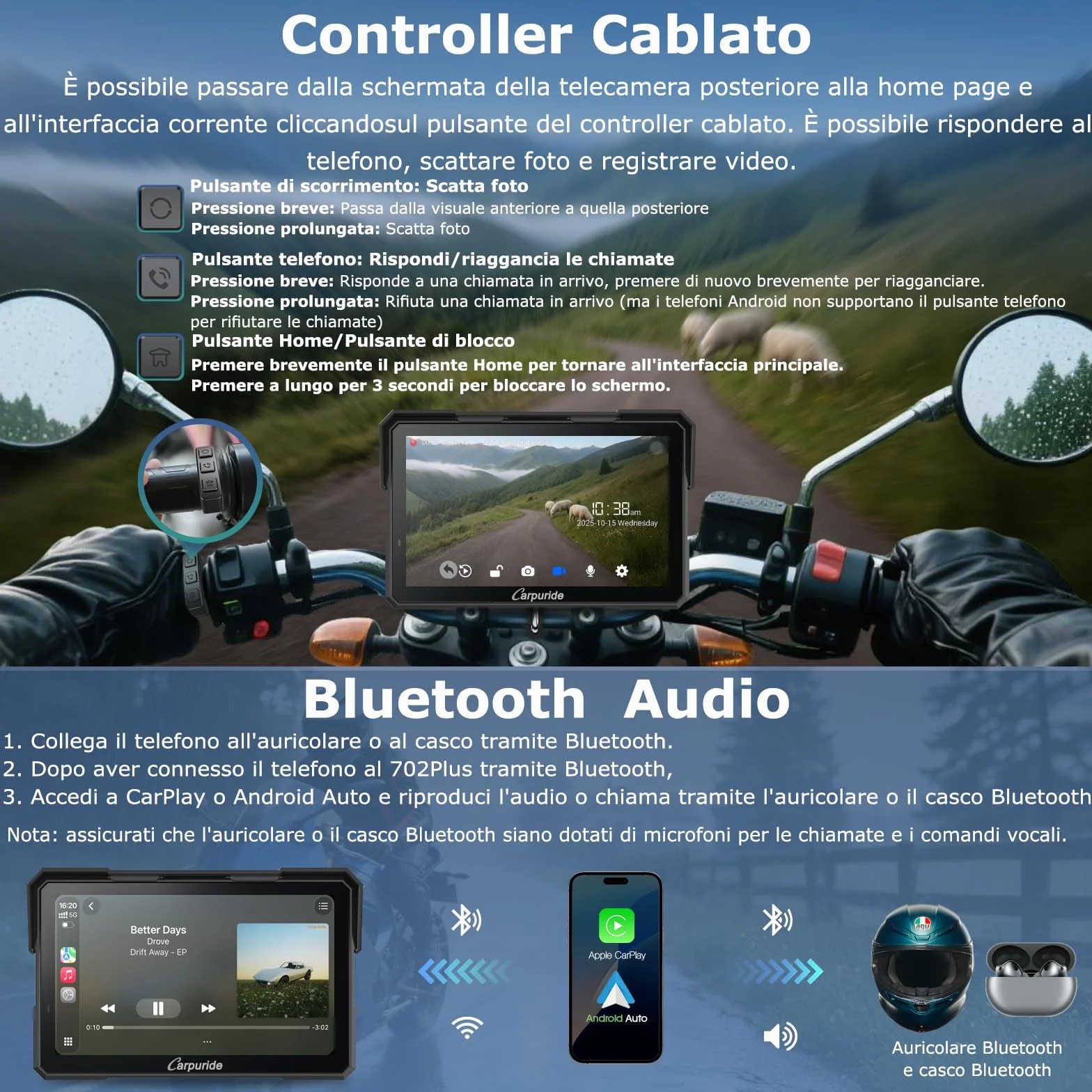 Carpuride W702 Plus Android 14 Moto Carplay Schermo con doppia fotocamera, Senza Fili CarPlay e Android Auto, 7" Touchscreen Impermeabile, BT Audio, Loop Registrazione,Navigazione online e offline.