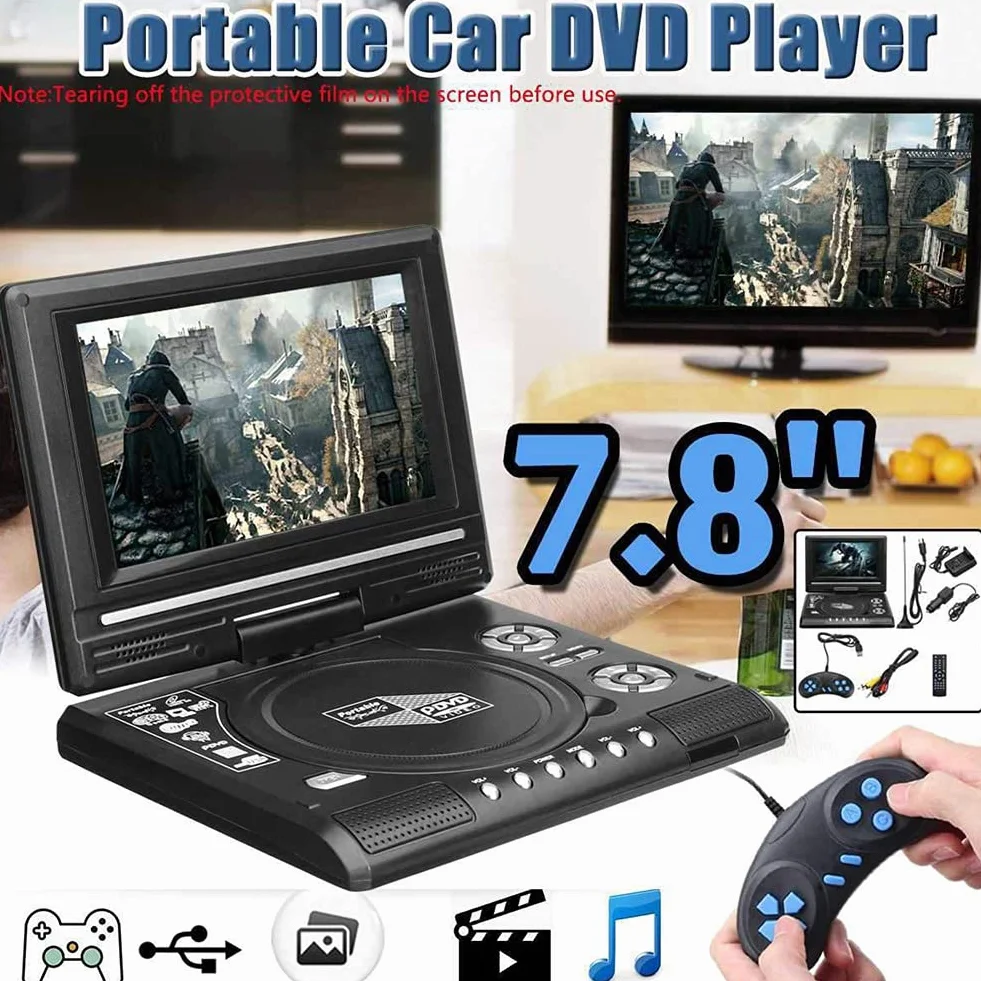 TV Portatile da 7,8 Pollici Lettore Dvd per Auto da Casa HD VCD CD Lettore MP3 HD EVD con TV/FM/USB/Funzione di Gioco-Spina UE, 500139987