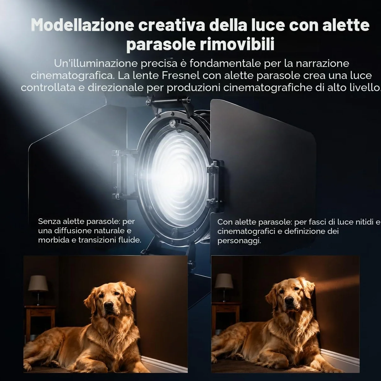 10X Lente Fresnel con Attacco Bowens e Alette a 4 Foglie, Fascio Regolabile 10°–45°, Zoom a Fuoco Posteriore per Luci COB ≤200W, Modellazione della Luce per Riprese Cinematografiche