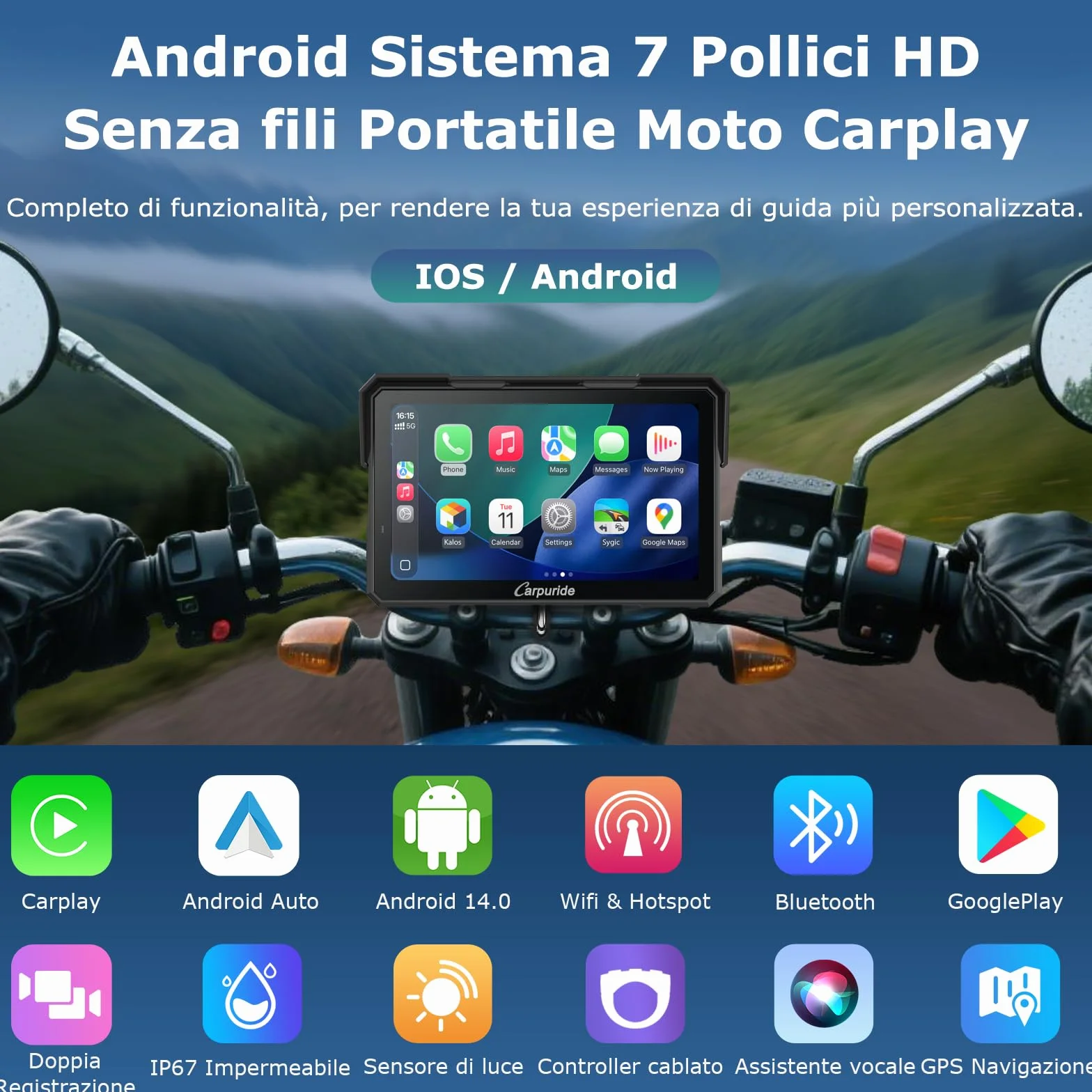 Carpuride W702 Plus Android 14 Moto Carplay Schermo con doppia fotocamera, Senza Fili CarPlay e Android Auto, 7" Touchscreen Impermeabile, BT Audio, Loop Registrazione,Navigazione online e offline.