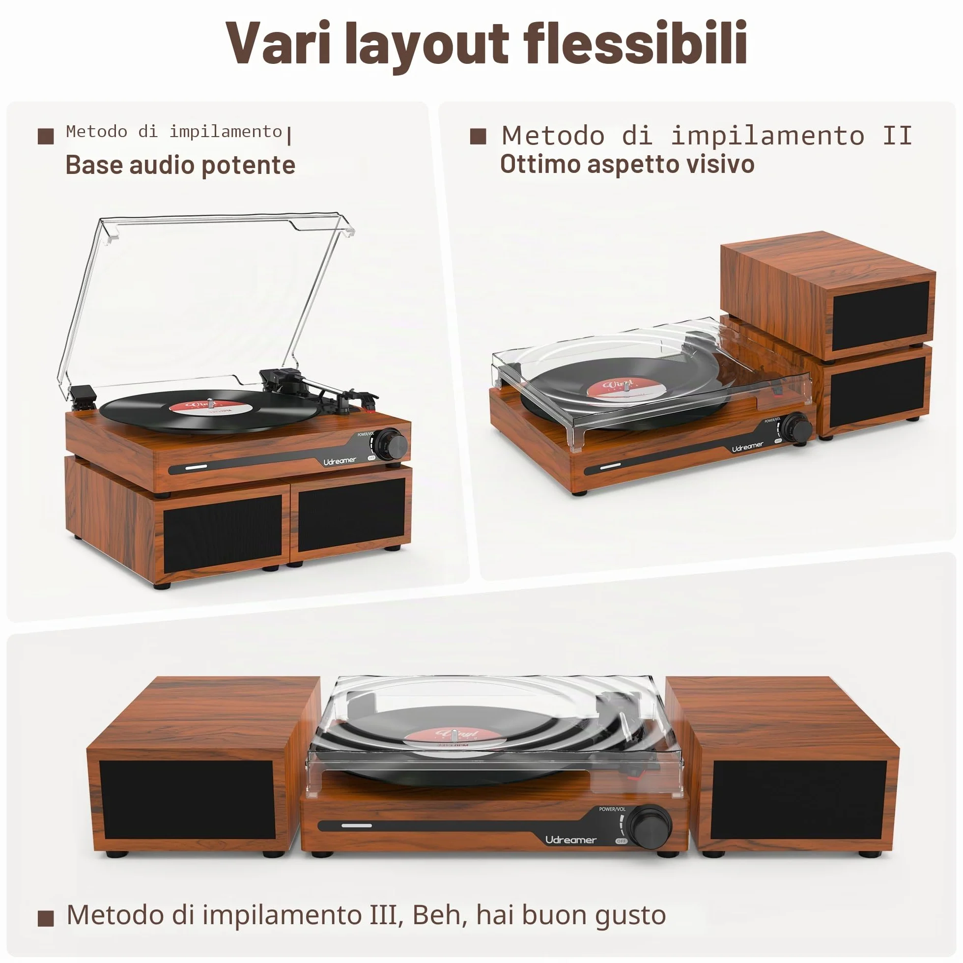 Udreamer Giradischi Vintage Bluetooth 5.3 con 2 Altoparlanti Stereo, 3 Velocità, AUX-in, RCA, USB, Marrone