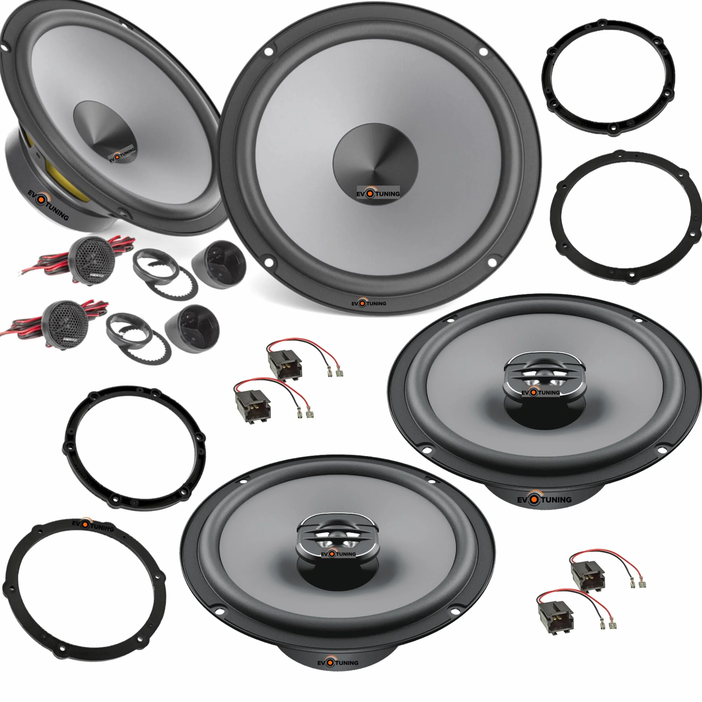 Kit 6 Casse Altoparlanti Anteriori e Posteriori per Peugeot 208, compatibile con Hertz K 165 + X 165, Set 2 Woofer 165 + 2 Tweeter + 2 Coassiali 16,5 cm + 4 Anelli e Cavi Adattatori