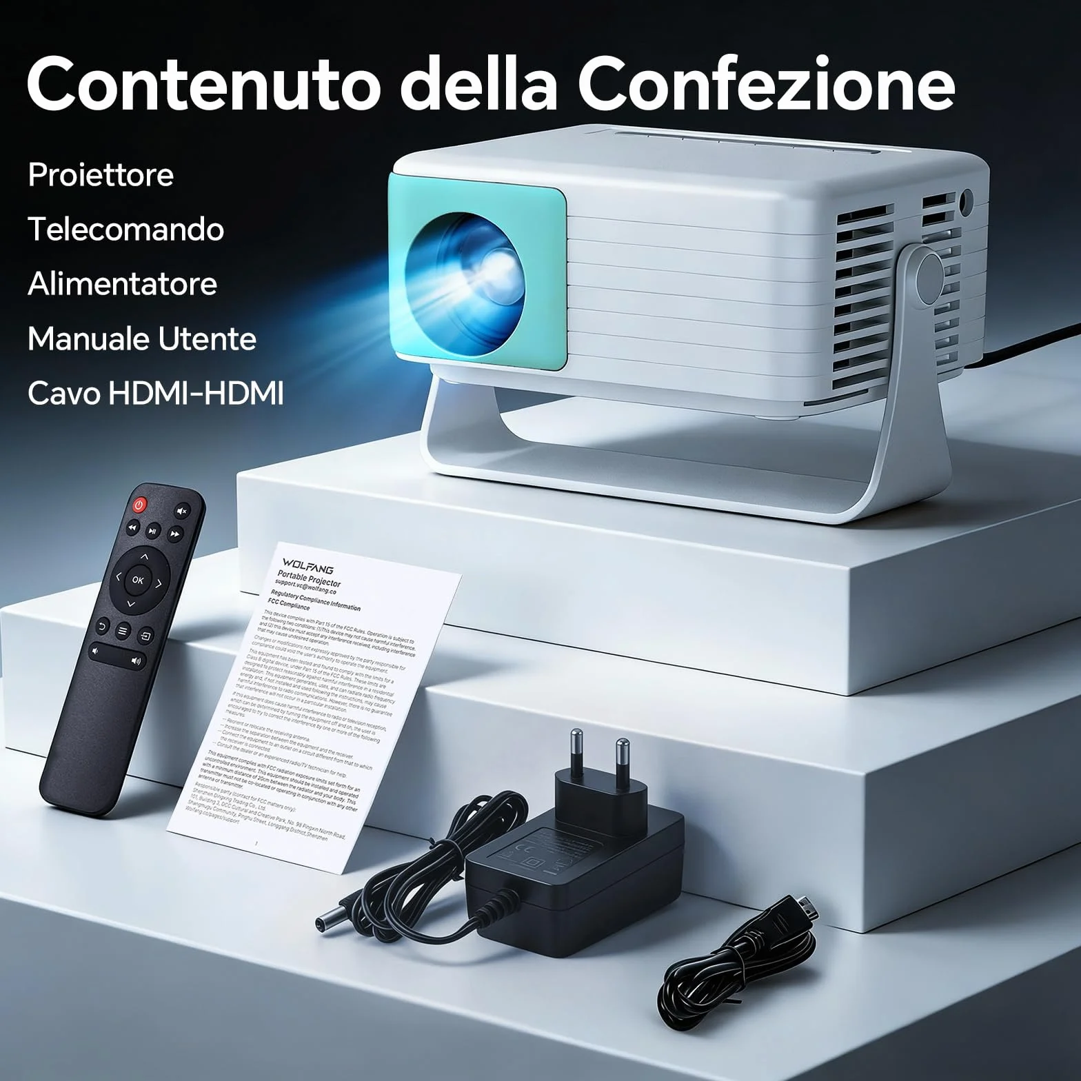 WOLFANG Proiettore Portatile 1080P FHD, Mini Proiettore con Correzione Automatica Keystone, Zoom 50%, Rotazione 180°