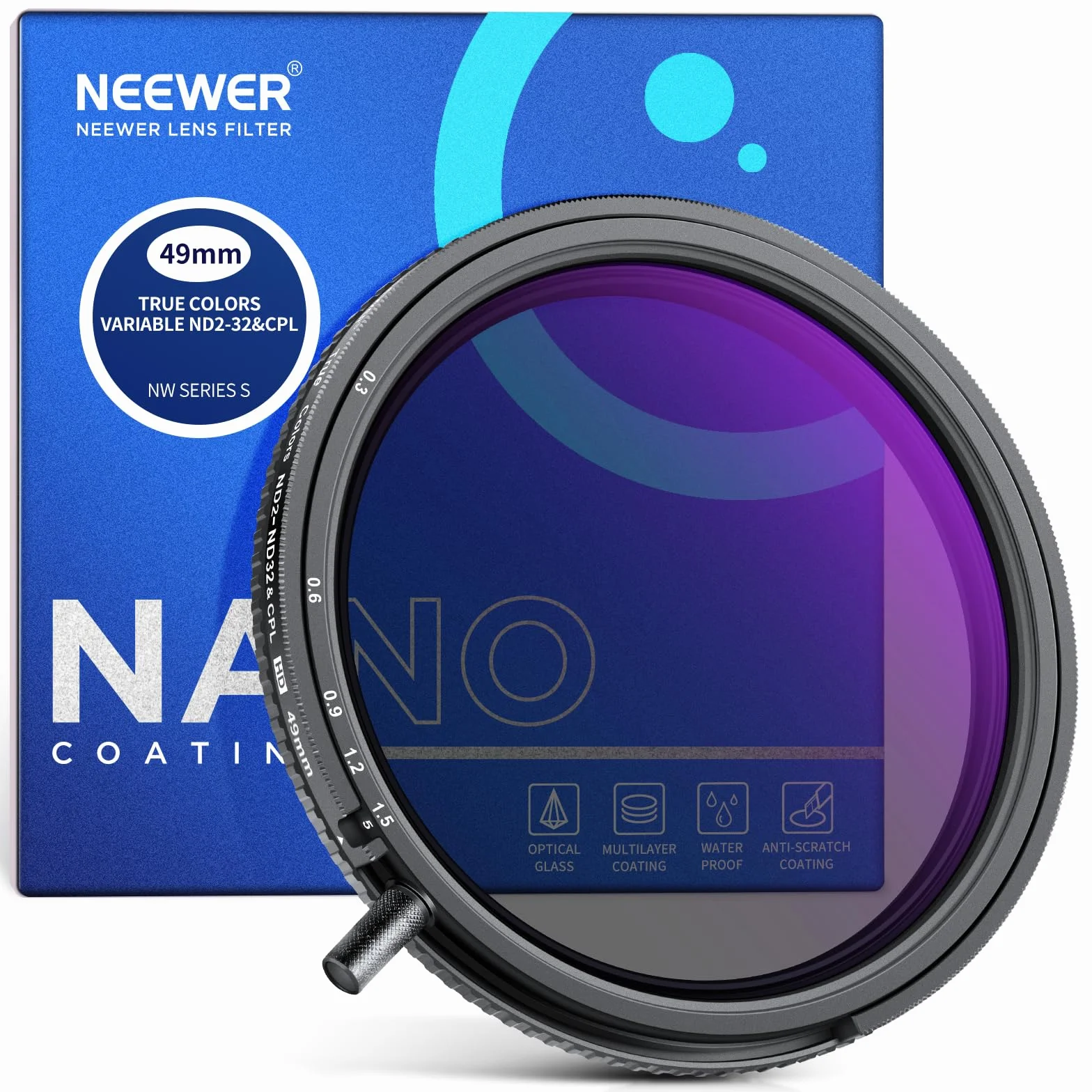 NEEWER 49mm True Colors Filtro ND Variabile ND2-ND32 e CPL, 2 in 1 Filtro Regolabile a Densità Neutra e Polarizzatore Circolare, Telaio in Vetro Ottico HD Multistrato/Alluminio