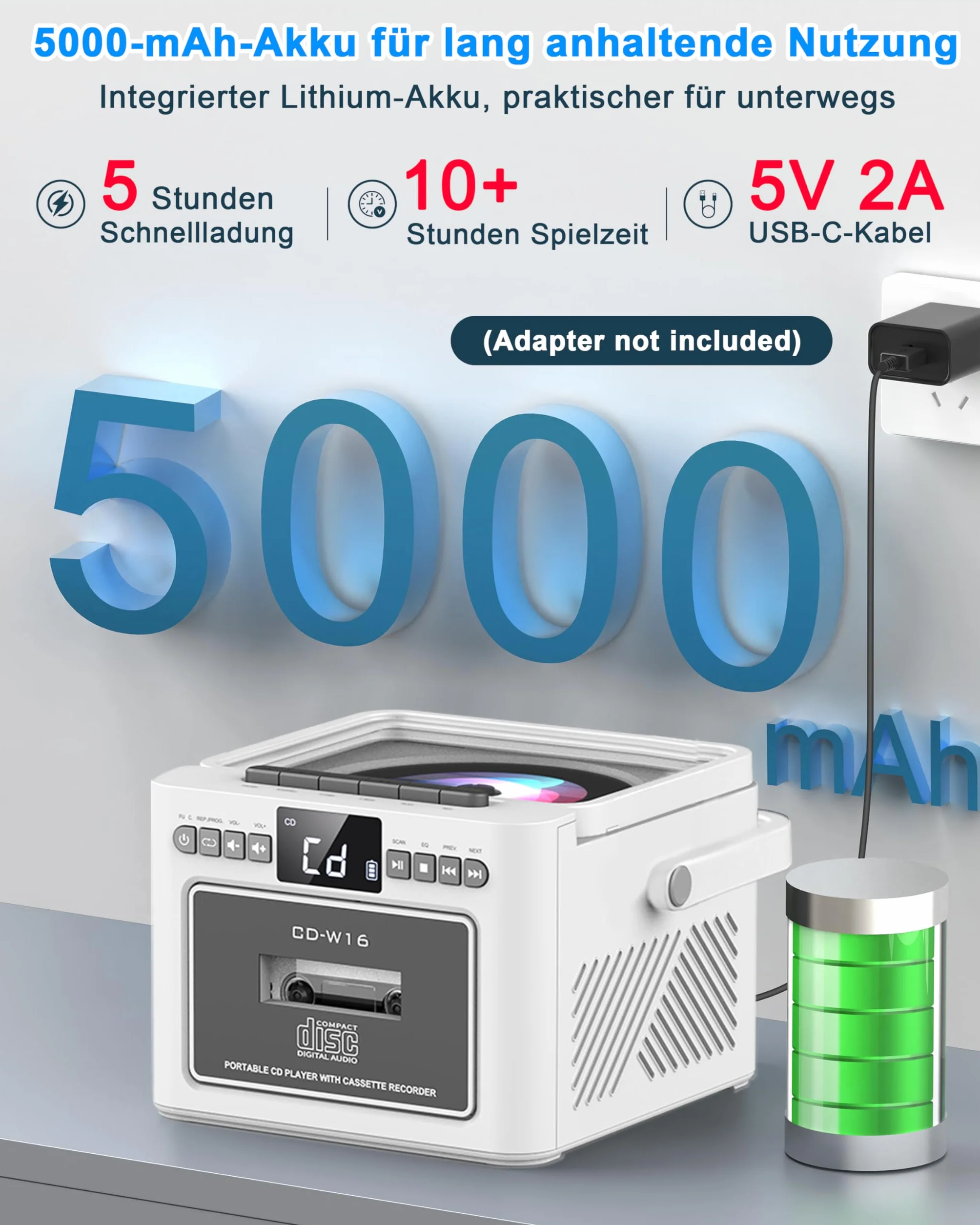 Greadio Lettore CD Portatile, Boombox con Lettore di Cassette e Radio FM, Bluetooth 5.1, Batteria Ricaricabile da 5000mAh, Telecomando, Ingresso AUX/USB/Scheda SD, Altoparlante da 5W, Schermo LED
