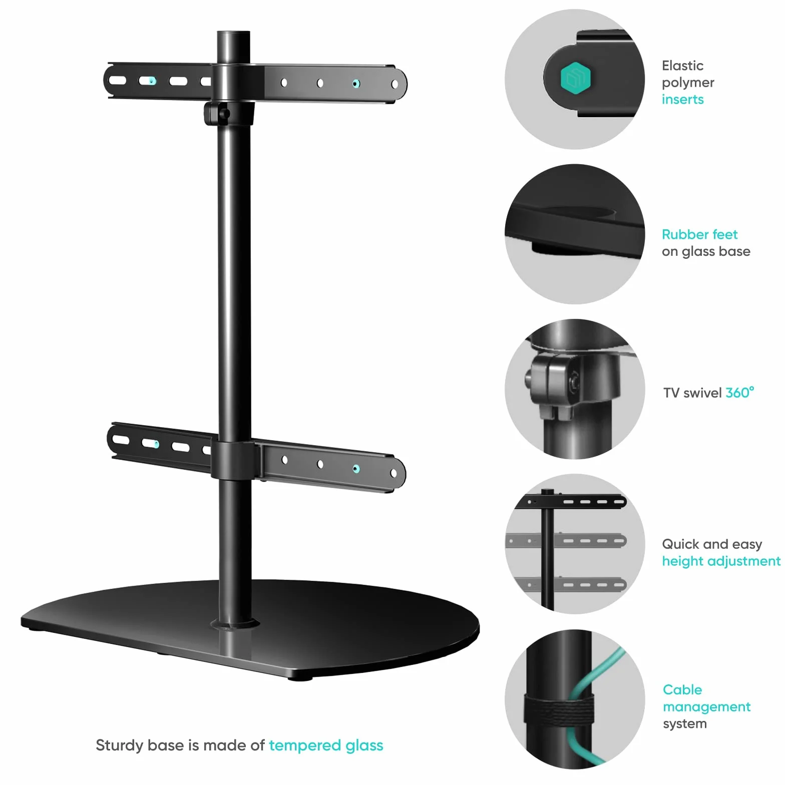 ONKRON Supporto TV da Tavolo 32 a 65 pollici, Carico 35 kg, Porta Televisore VESA 100x100 - VESA 400x400 mm, Rialzo per Televisore Girevole, Piedistallo TV Universale, in Vetro Temperato, Nero PT2-B