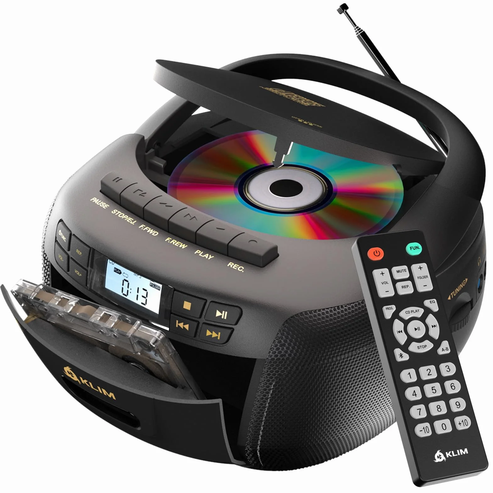 KLIM Lettore CD - Lettore Cassette Audio, AM/FM Radio Bluetooth, Stereo CD Player, Remota, Registrazione Su Nastro, USB Drive, AUX, Radio Stereo Casa Alimentazione AC/DC - Nero/Oro