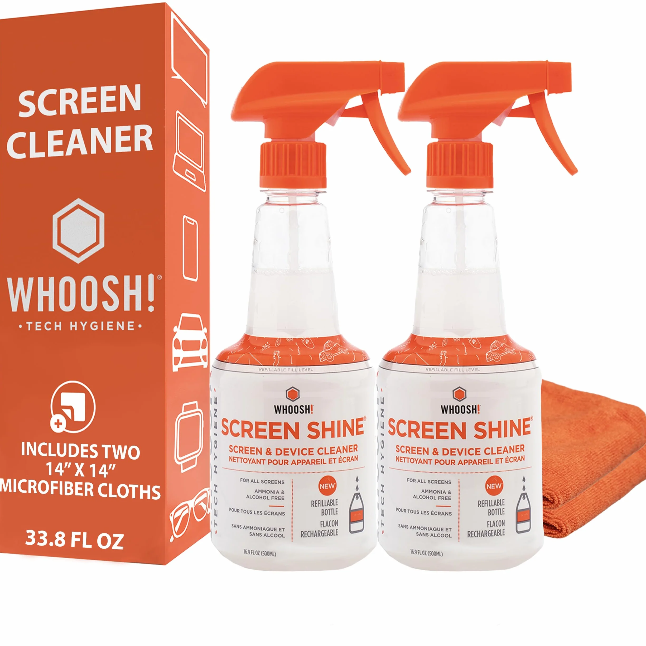 WHOOSH! Pulisci Schermo Pro 2 x 500 ml, Senza Alcol, Senza Aloni, TV OLED LCD, Monitor PC, Smartphone, Tablet, Ricaricabile, 2 Panni in Microfibra