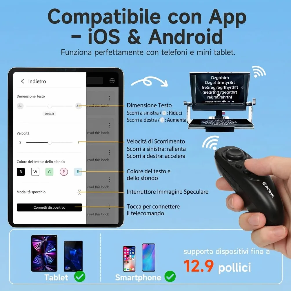 Moman MT12 Teleprompter 12.9 Pollici, Prompter Portatile con Telecomando APP e Controllo Remoto, Compatibile con iPad, iPhone, Tablet, Smartphone, Fotocamera DSLR (Supporto Metallico Regolabile)
