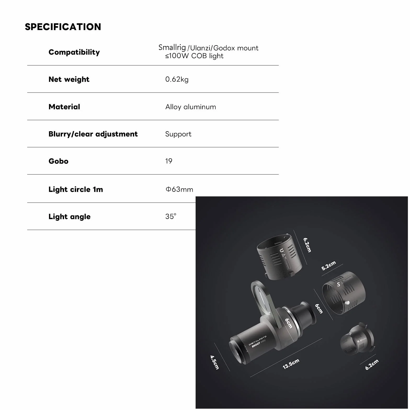 DF DIGITALFOTO Mini Snoot Proiettore con supporto Godox/Smallrig/Ulanzi 19 GB Φ42 mm Telaio Magnetico Compatibile con Godox ML100Bi/ML60IIBi, Smallrig RC60