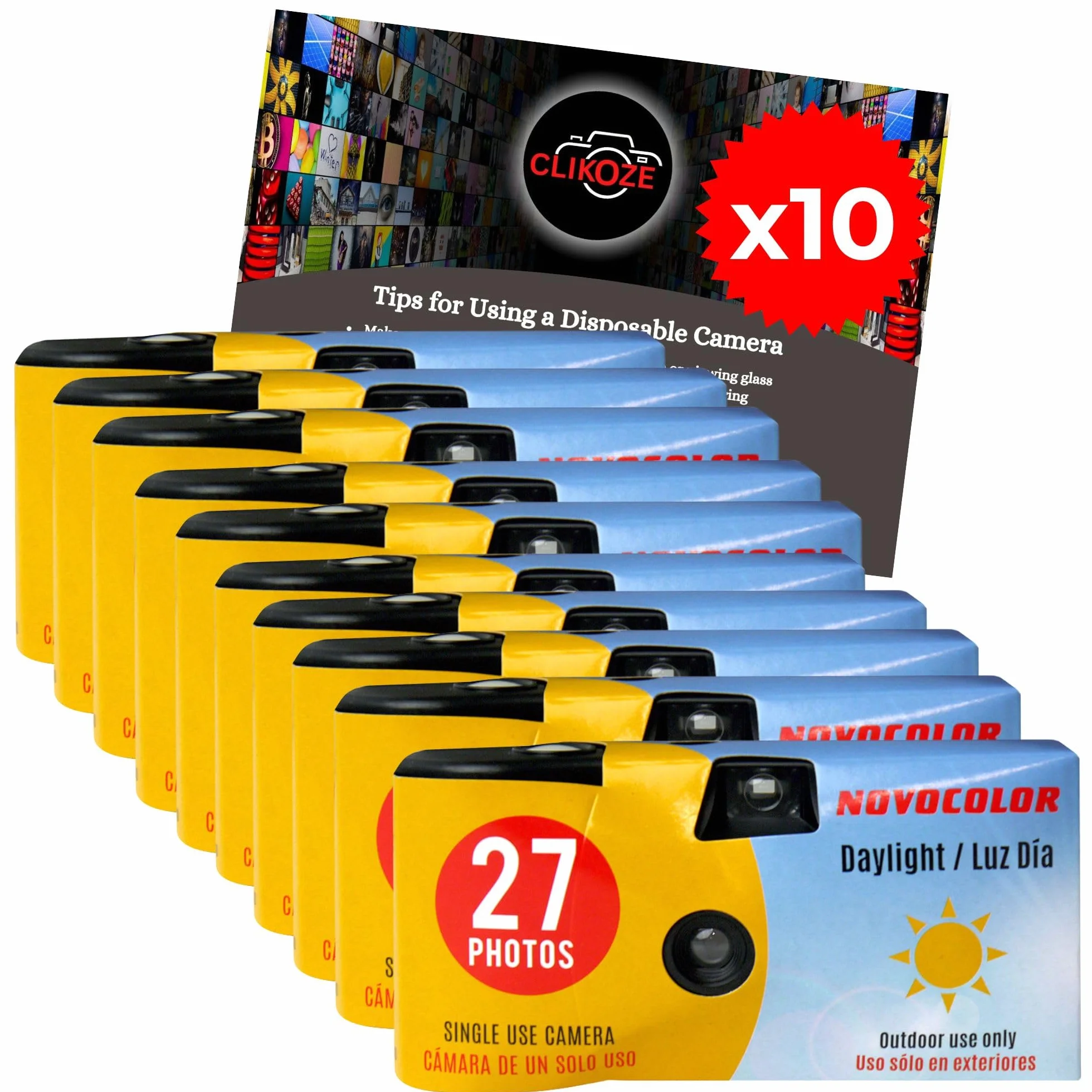 Pacchetto di fotocamere usa e getta con fotocamera Novocolor Daylight monouso, 27 esposizioni e consigli fotografici Clikoze 10 unità