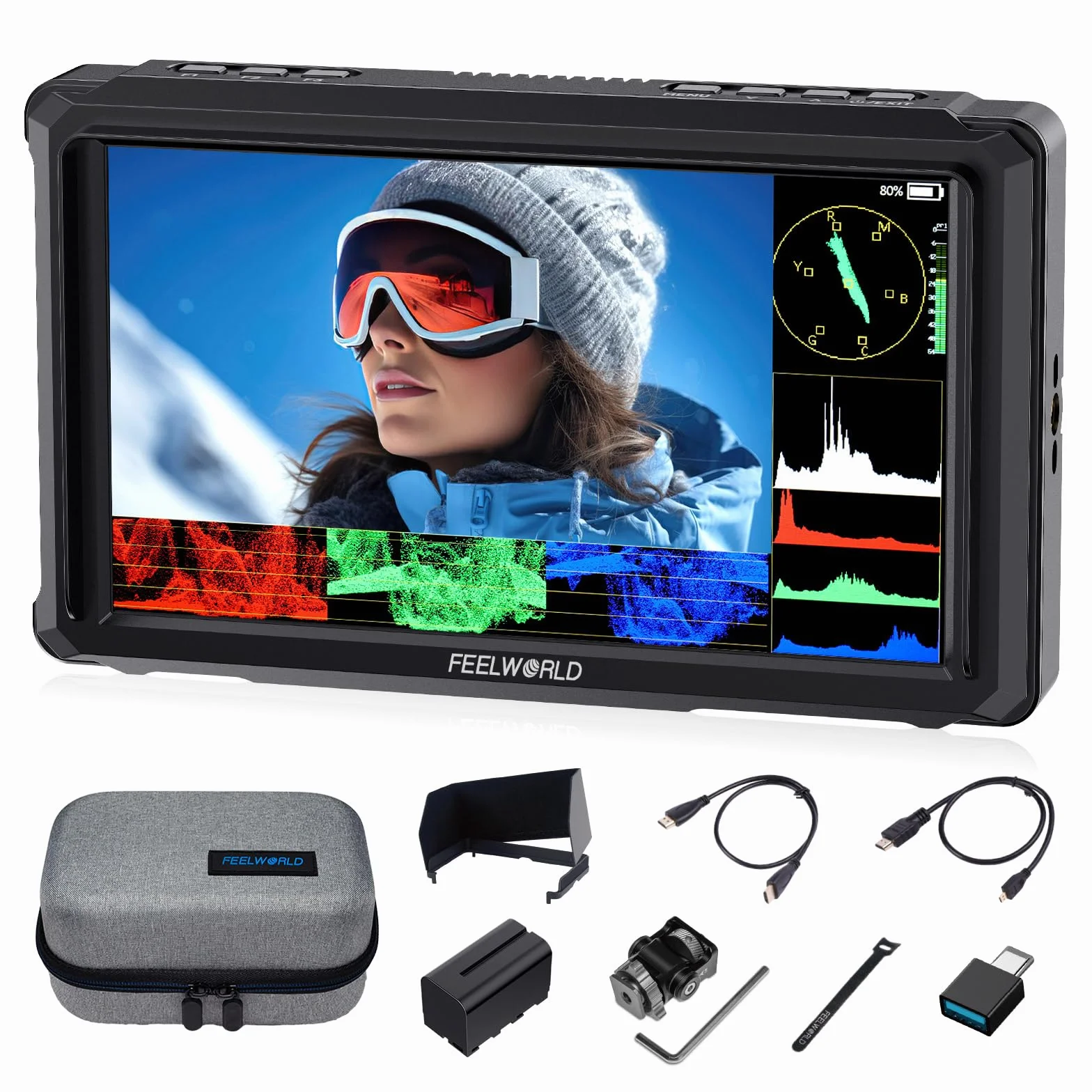 FEELWORLD FW568PRO 6 Pollici Monitor da Campo,1200nit DSLR Monitor Fotocamera con batteria F750 e borsa per il trasporto 4K HDMI, 3D Lut Focus Peaking Assist Full Waveform Video Field Monitor