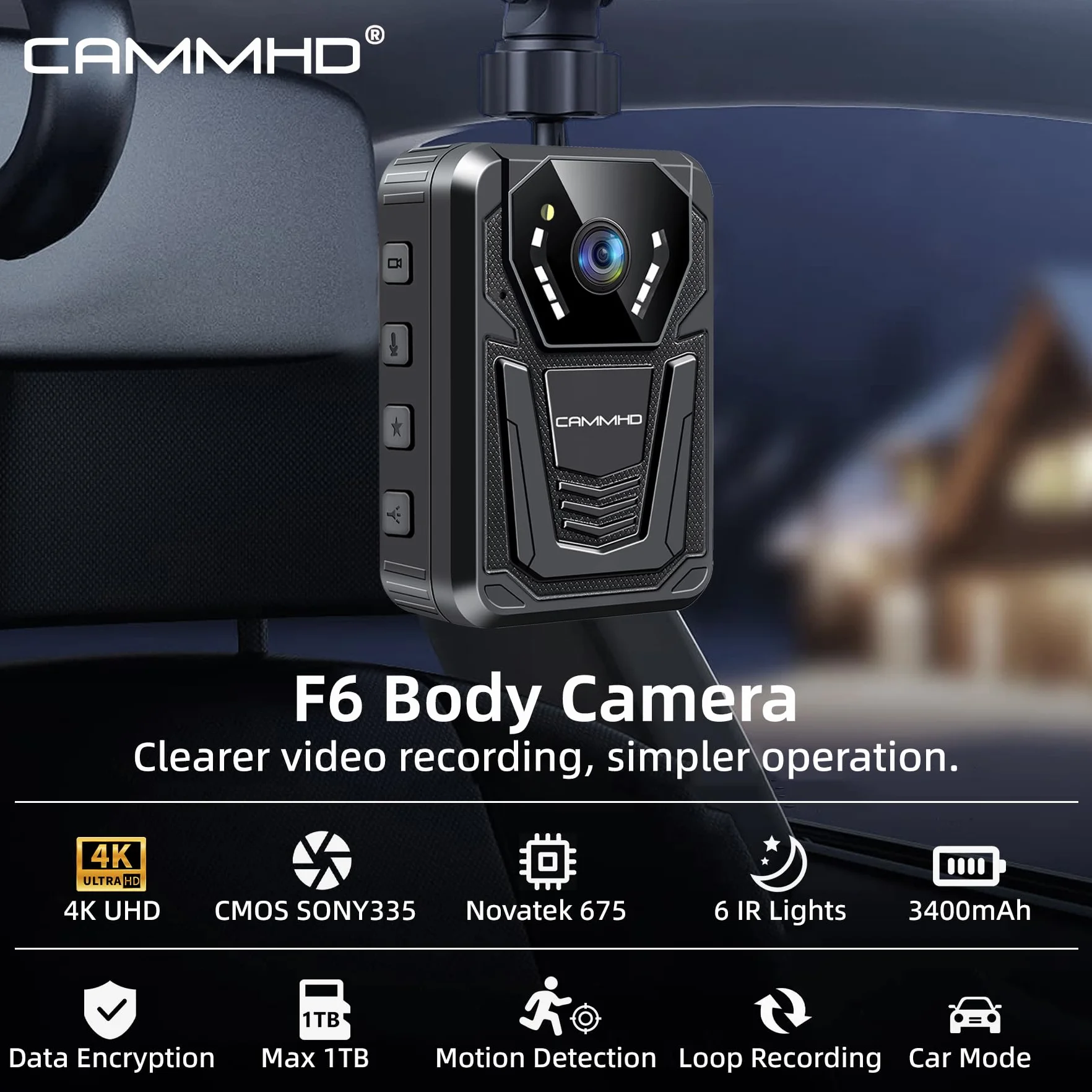 CAMMHD F6 4K Bodycam 32G 2160P Videocamera per Forze dell'Ordine Visione Notturna Autonomia 12-14 Ore Adatta per Polizia Personale di Sicurezza Lavoratori Edili e Uso Personale