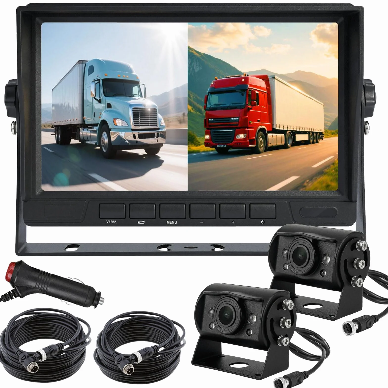 Telecamera posteriore AHD 1080p per veicoli e camion con monitor a 2 schermi divisi da 17,8 cm, 2 telecamere di retromarcia impermeabili per visione notturna con cavo da 15 m per semirimorchio, camper