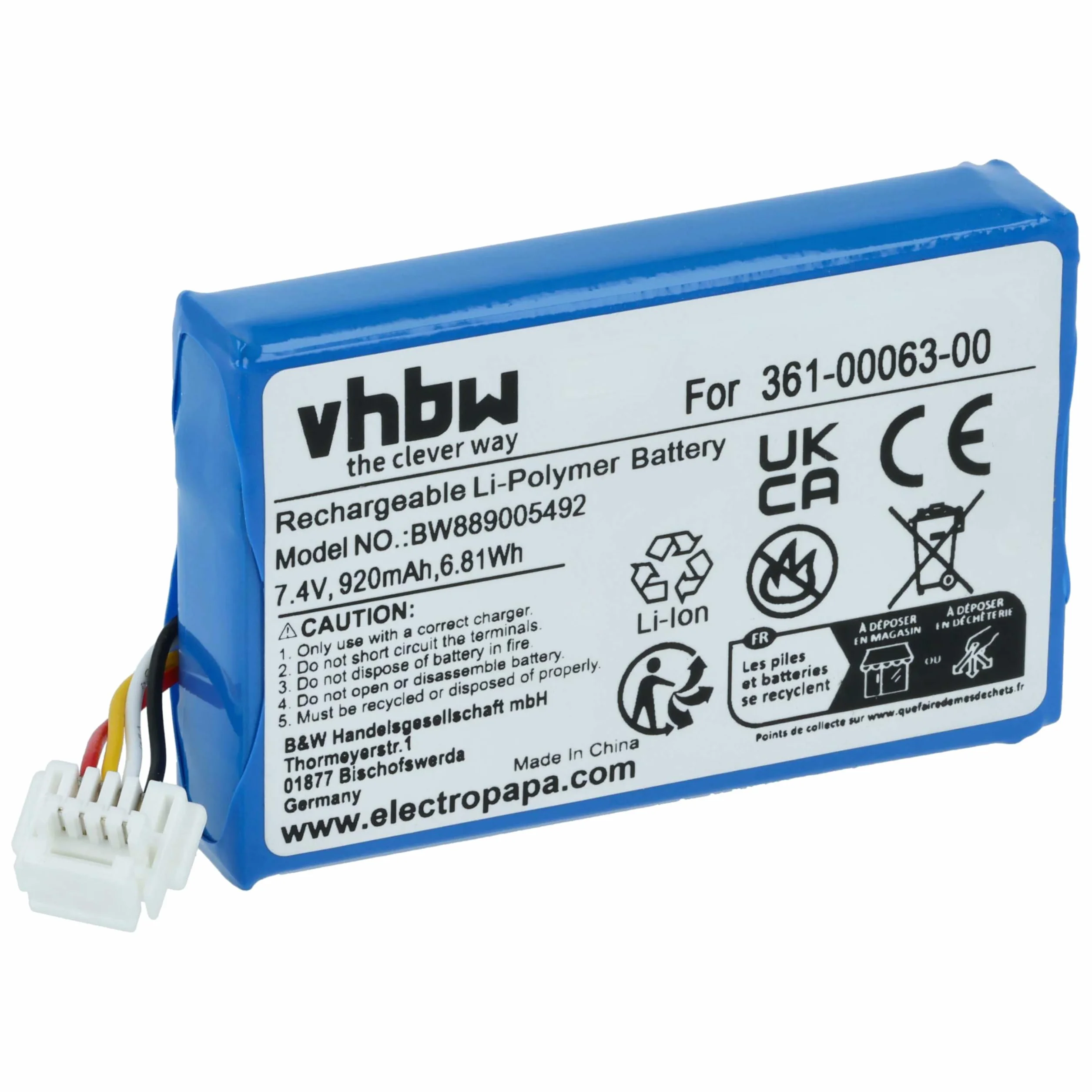vhbw batteria sostituisce Garmin 361-00063-00 per navigatore GPS (920mAh, 7,4V, Li-Poly)