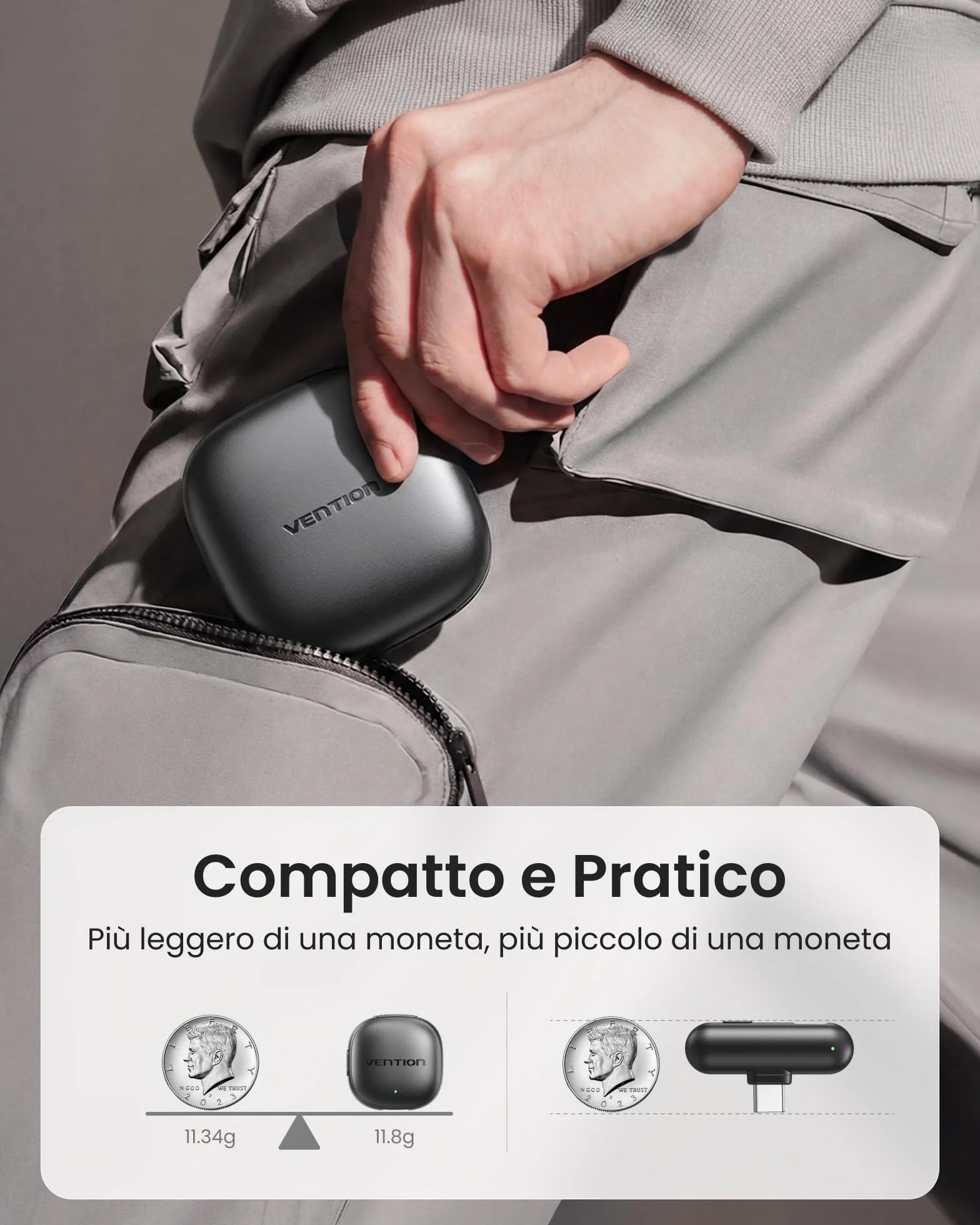 VENTION Mini Microfono Wireless per iPhone 17/16/15 Pro Max, [Plug and Play] USB-C Bluetooth Lavalier Microfono per Android,Dotato di custodia di ricarica da 24 ore per Registrazioni Video,Vlogging