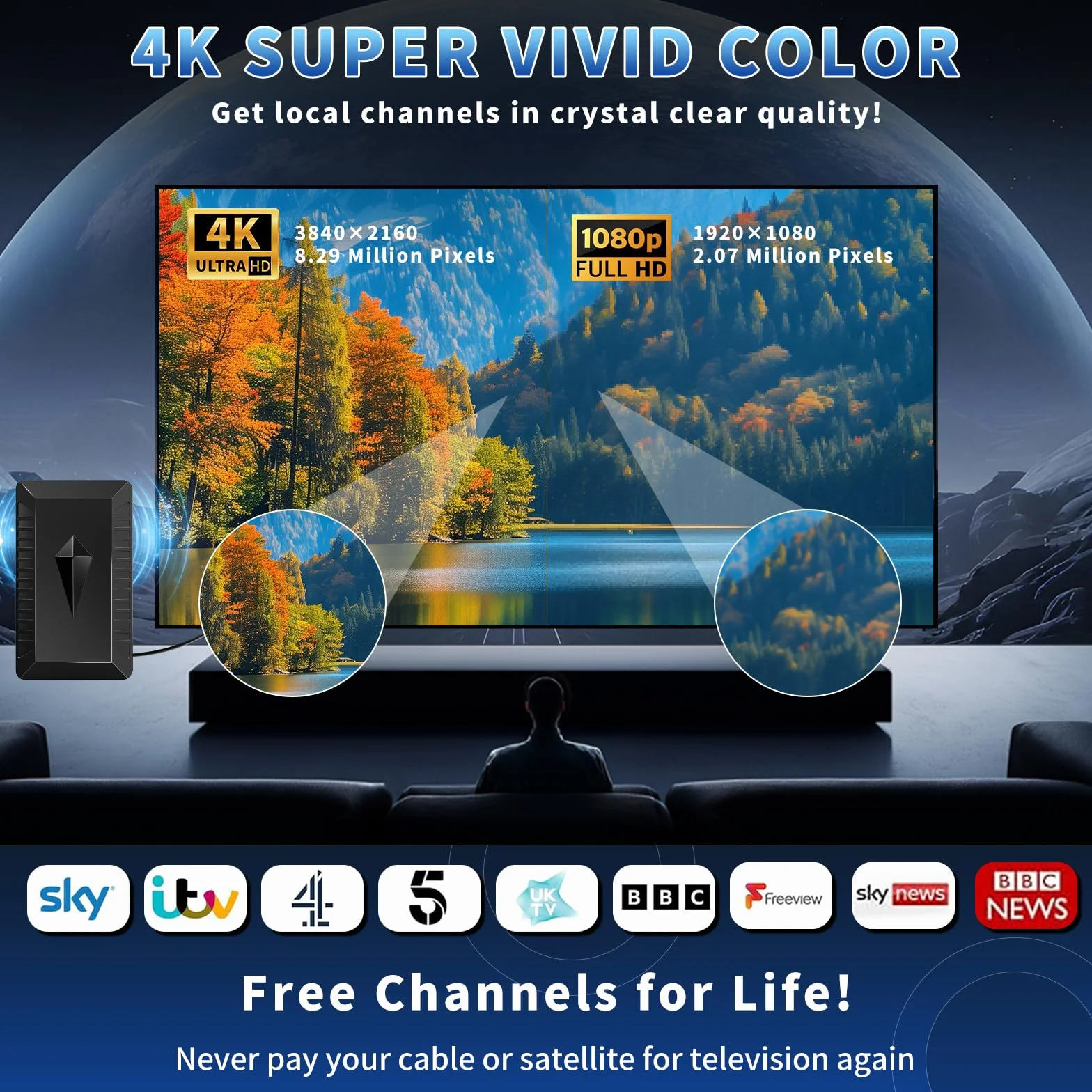 Antenna TV Interna Amplificata Potente e Portatile,650KM+ Antenna Digitale Terrestre da Interno/Esterna Amplificata Potente Supporto 4K 1080p DVB-T/DVB-T2 VHF UHF, Cavo Coassiale 10M
