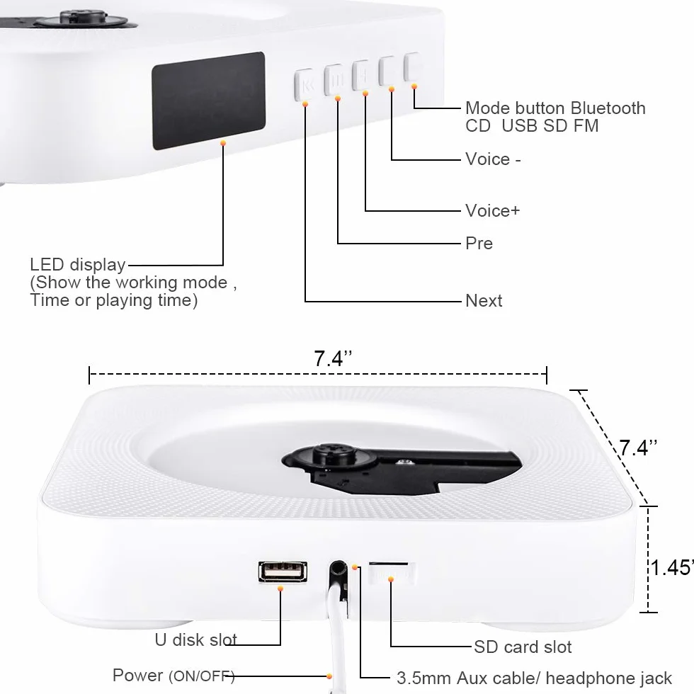Lettore CD Portatile Qoosea Lettore Musicale Montabile a Parete Altoparlanti HiFi Bluetooth Integrati con Telecomando Radio FM Ingresso 3,5 mm AUX con Interruttore a Tirante