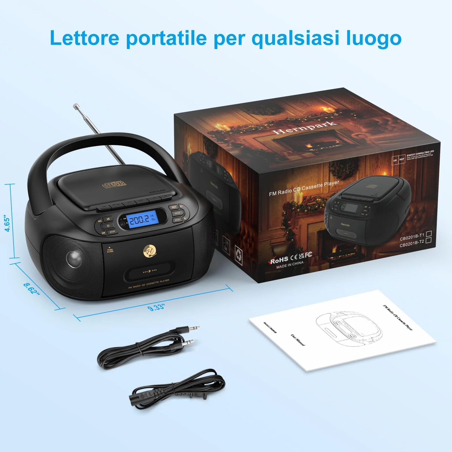 Lettore CD con Cassette, Radio FM Portatile, Lettore CD super basso Boombox con Bluetooth, Altoparlanti Stereo Incorporati, supporto AUX-In, Riproduzione USB, Uscita per cuffia