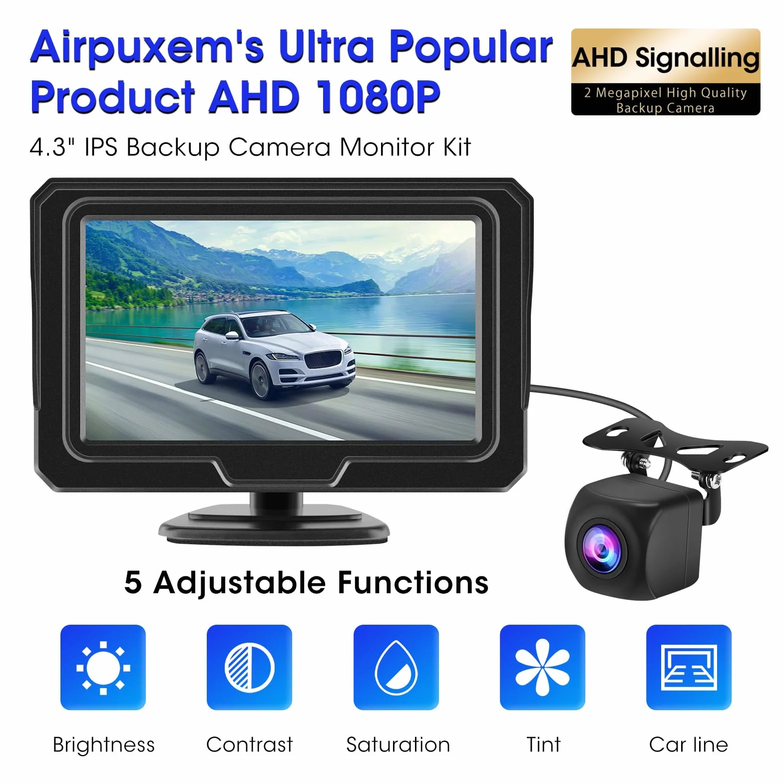 AHD 1080P 4.3 Pollici Telecamera Posteriore Auto con Monitor Nessuna Foratura Retrocamera Auto Facile Installazione Adatta Visione Notturna IP68 Impermeabile Telecamera Retromarcia per DC 12V Auto