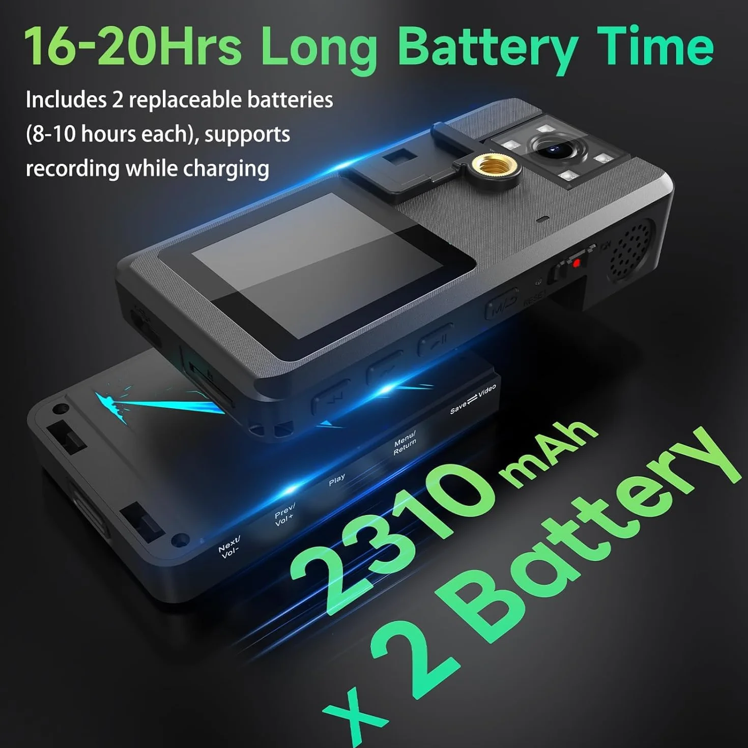 Body Cam 1296P 32G 20H Polizia Telecamera Videocamere Montate Sul Corpo Indossabile, Obiettivo Girevole a 180°, 2x2310mAh Batteria, Wevoor Bodycamera Portatile con Clip e Visione Notturna per Esterni