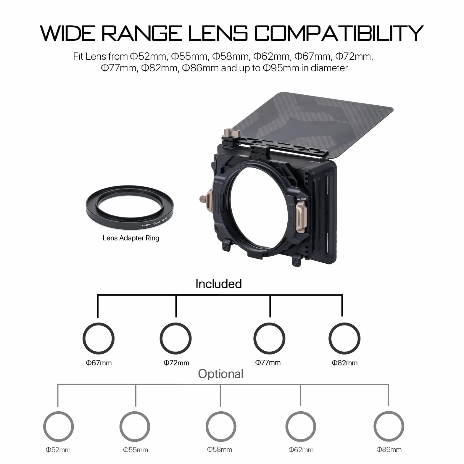 Tilta Mirage Matte Box Cornice con filtro circolare da 95 mm per fotocamere reflex digitali mirrorless, con anello adattatore per obiettivo da 67 mm/72 mm/77 mm/82 mm MB-T16