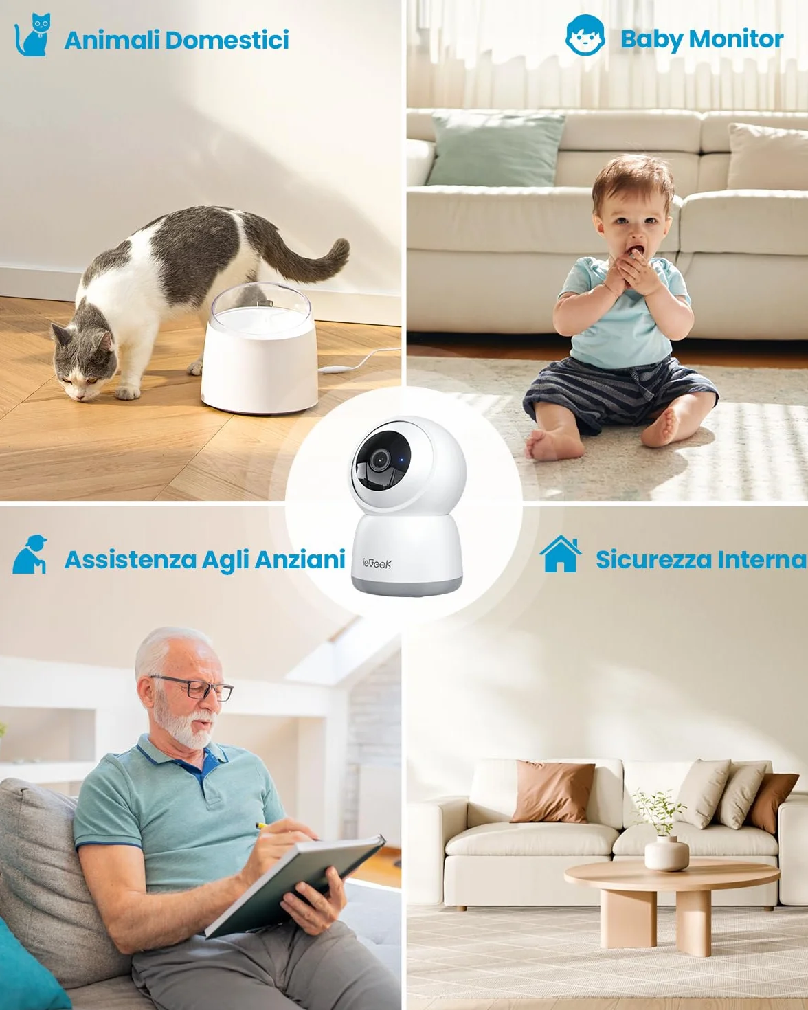 ieGeek 2K Telecamera WiFi Interno 2,4/5GHz, Videocamera Sorveglianza Interne con Tracciamento Automatico e Rotazione a 360°, Registrazione 24/7, Visione Notturna, Audio Bidirezionale, SC1, Bianco/2pcs