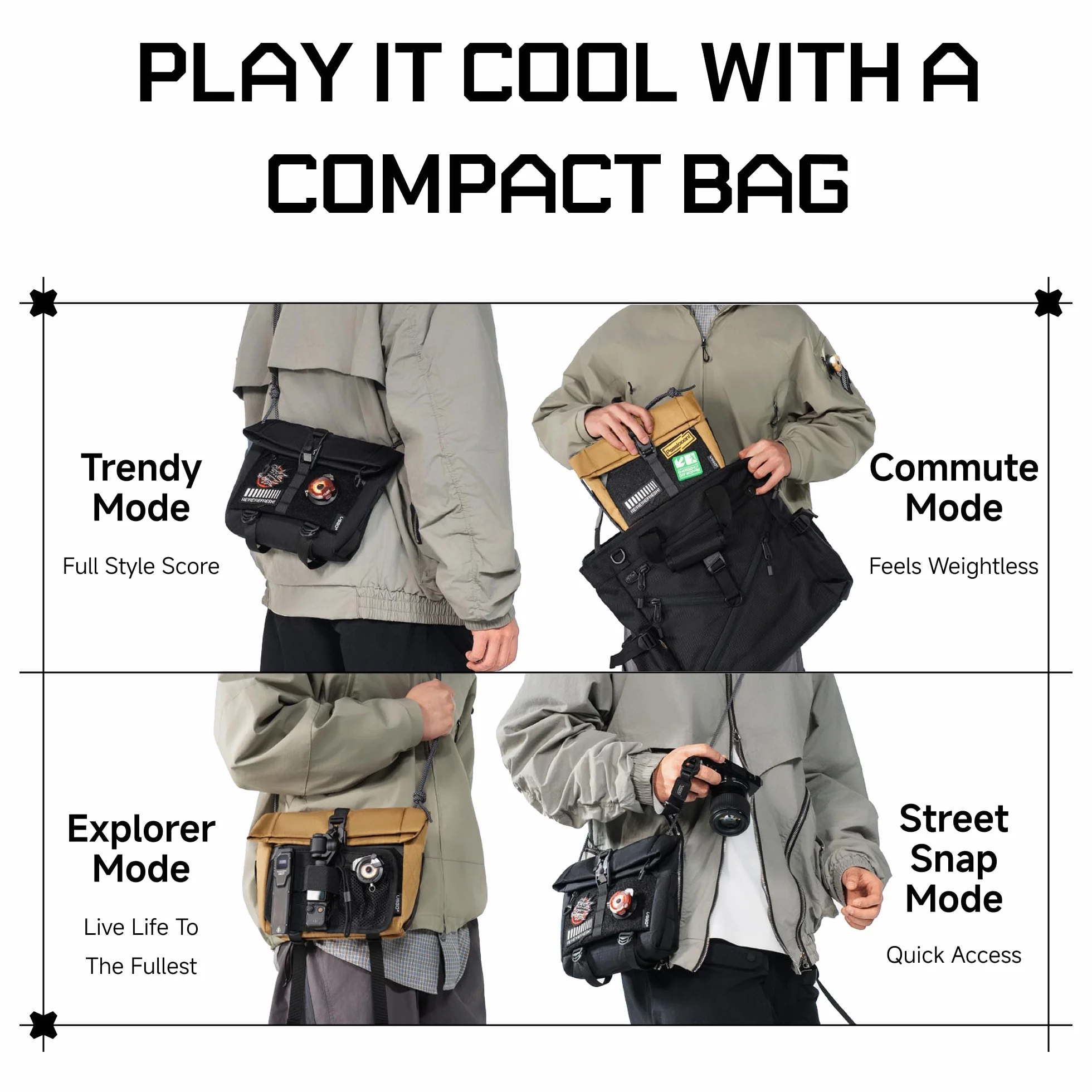 VSGO Techwear - Borsa a tracolla per fotocamera da uomo, 3 l, impermeabile, con punti modulari e tasca nascosta, Nero, 3L